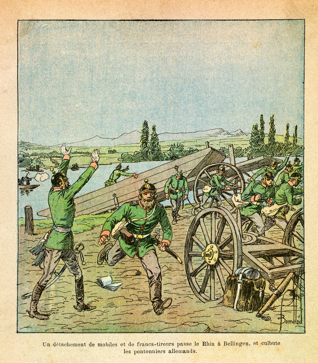 Východní armáda seržanta Eugena, známá jako Grenest, ilustrovaná Louisem Bombledem (1862-1927) (francouzsko-německá válka; kampaň 1870-1871): Oddíl francouzských motivů a odstřelovačů překročil Rýn a otřásl německými mostními dělníky, Soukromá sbírka od Louis Charles Bombled