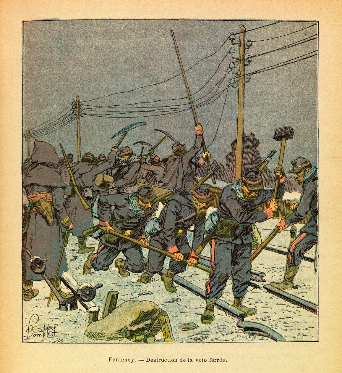Východní Armee of Eugene Sergeant, známý jako Grenest, ilustrovaný Louisem Bombledem (1862-1927) (francouzsko-německá válka; kampaň 1870-1871): Fontenoy, zničení železnice, soukromá sbírka od Louis Charles Bombled