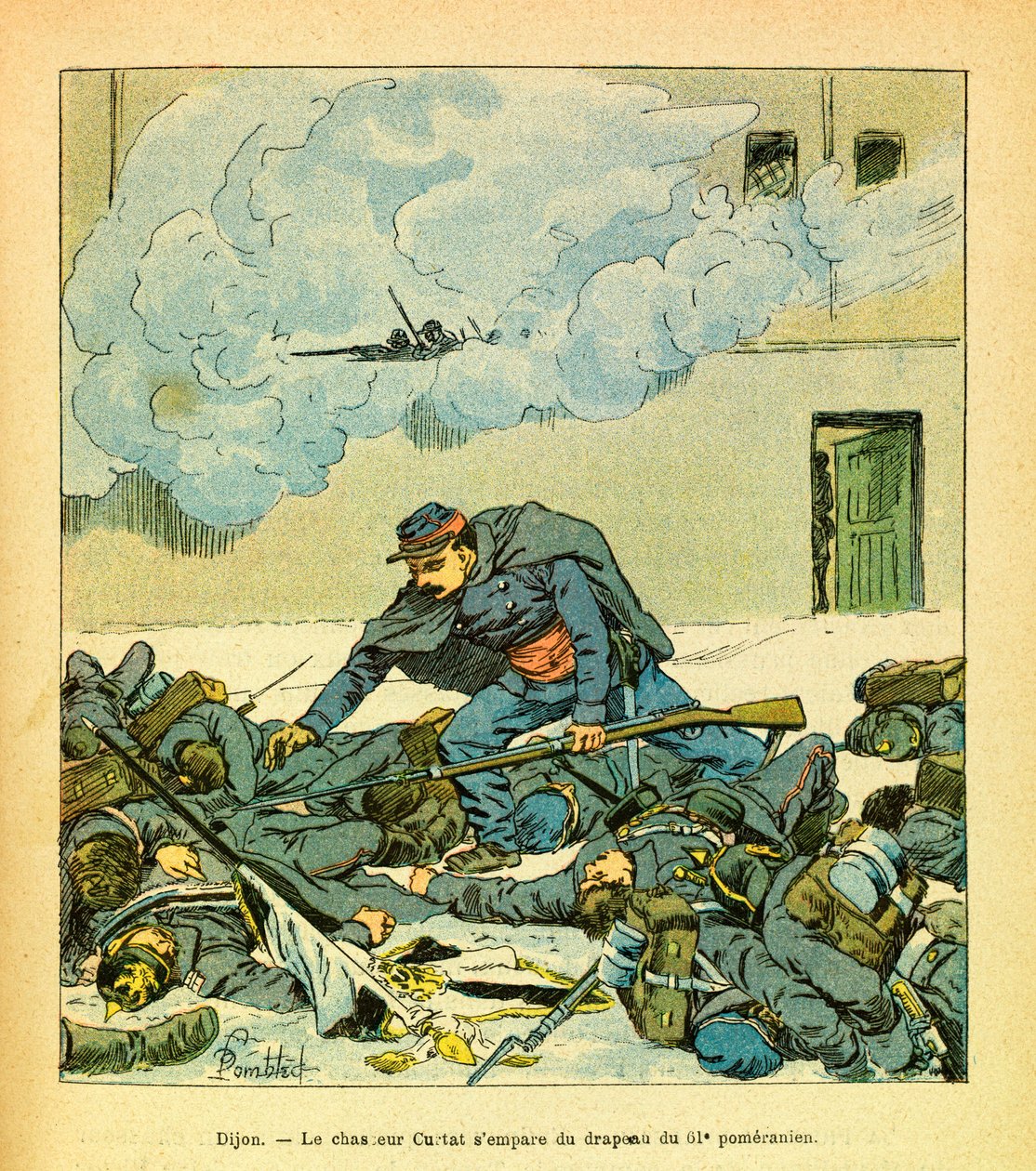 Východní armáda Eugena seržanta, známá jako Grenest, ilustrovaná Louisem Bombledem (1862-1927) (francouzsko-německá válka; kampaň 1870-1871): Dijon, leden 1871, lovec Victor Curtat se zmocnil vlajky 61 Pomořan, vojín Sbírka od Louis Charles Bombled