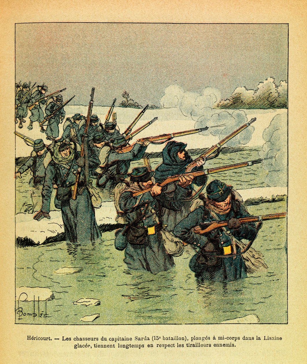 Východní armáda Eugena Sergeanta, známá jako Grenest, ilustrovaná Louisem Bombledem (1862-1927) (francouzsko-německá válka; tažení v letech 1870-1871): Leden 1871, Hericourt, lovci kapitána Sarda se potápějí do půl těla v Ice Lisaine, dlouho drží nepřátele od Louis Charles Bombled