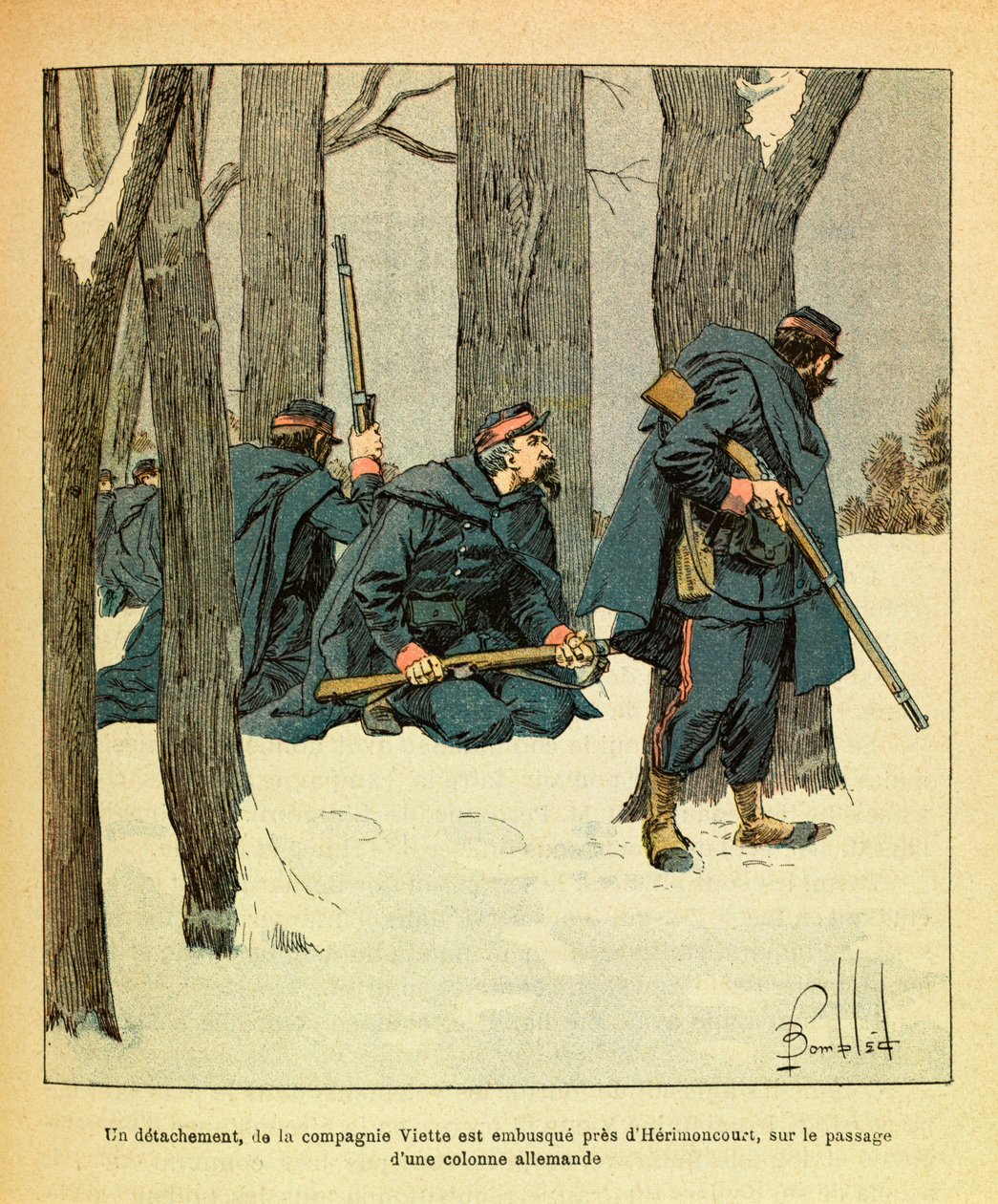 Východní Armee seržanta Eugena, známá jako Grenest, ilustrovaná Louisem Bombledem (1862-1927) (francouzsko-německá válka; kampaň 1870-1871): Leden 1871, oddíl Viette Company byl přepaden poblíž Herimoncourt, na průchodu německé kolony od Louis Charles Bombled