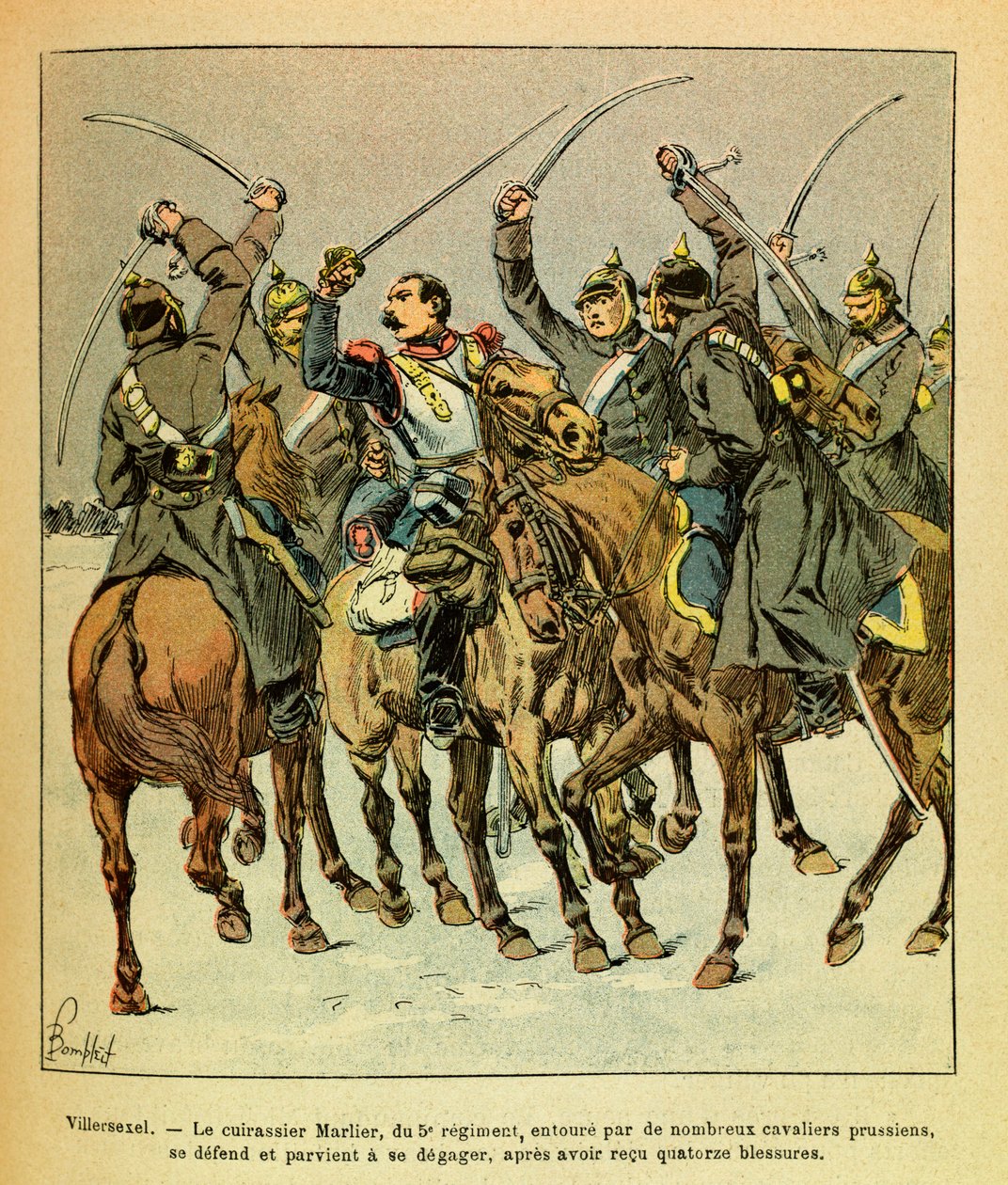 Východní Armee seržanta Eugena, známá jako Grenest, ilustrovaná Louisem Bombledem (1862-1927) (francouzsko-německá válka; kampaň 1870-1871): Během bitvy u Villersexelu byla bitevní loď Marlier z 5. pluku obklopena Prusy , podařilo se od Louis Charles Bombled