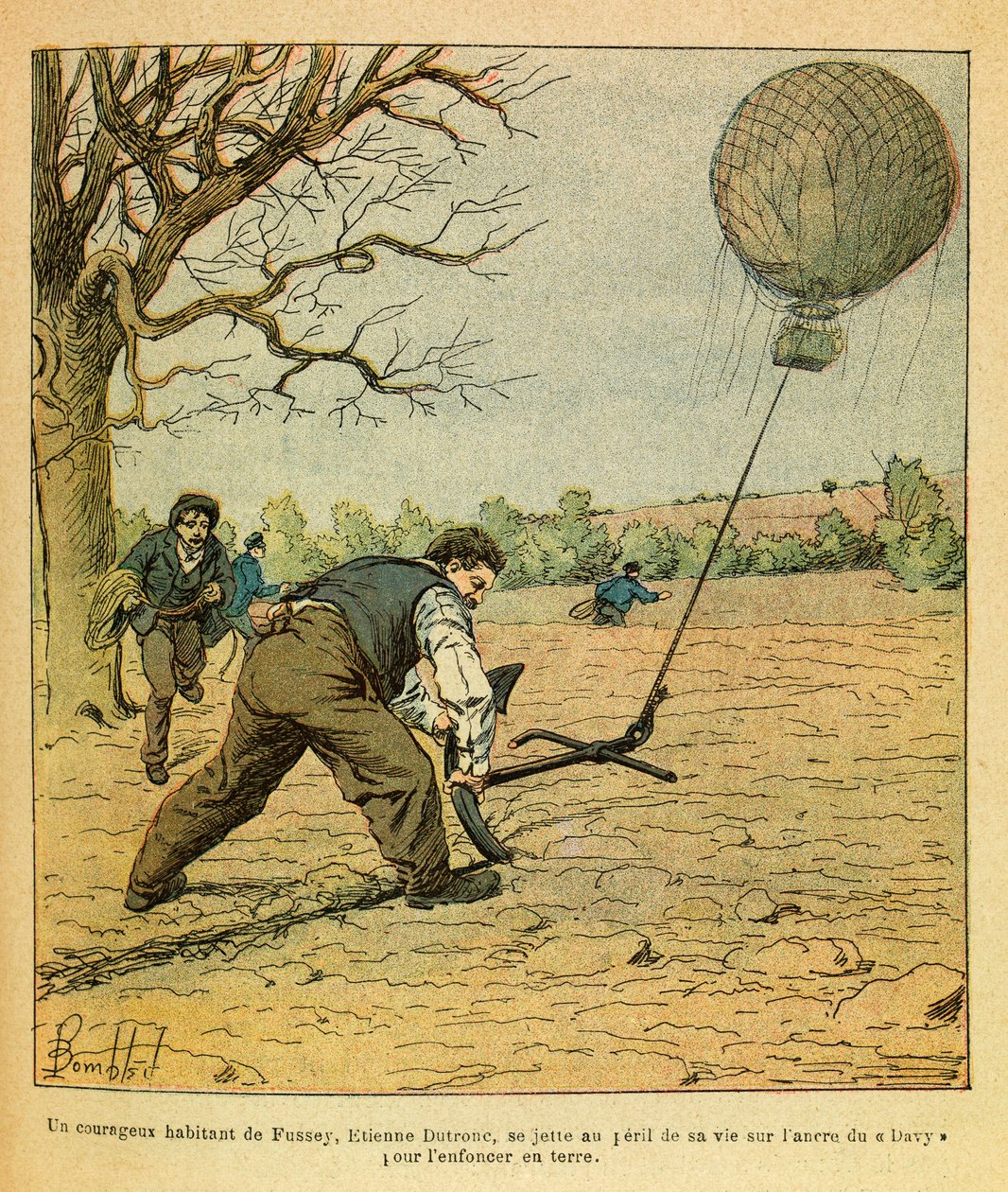 Východní Armee seržanta Eugena, známá jako Grenest, ilustrovaná Louisem Bombledem (1862-1927) (francouzsko-německá válka; tažení 1870 -1871): Bitva nocí Saint Georges; rolníci se snaží držet pozorovací balón, Soukromá sbírka od Louis Charles Bombled