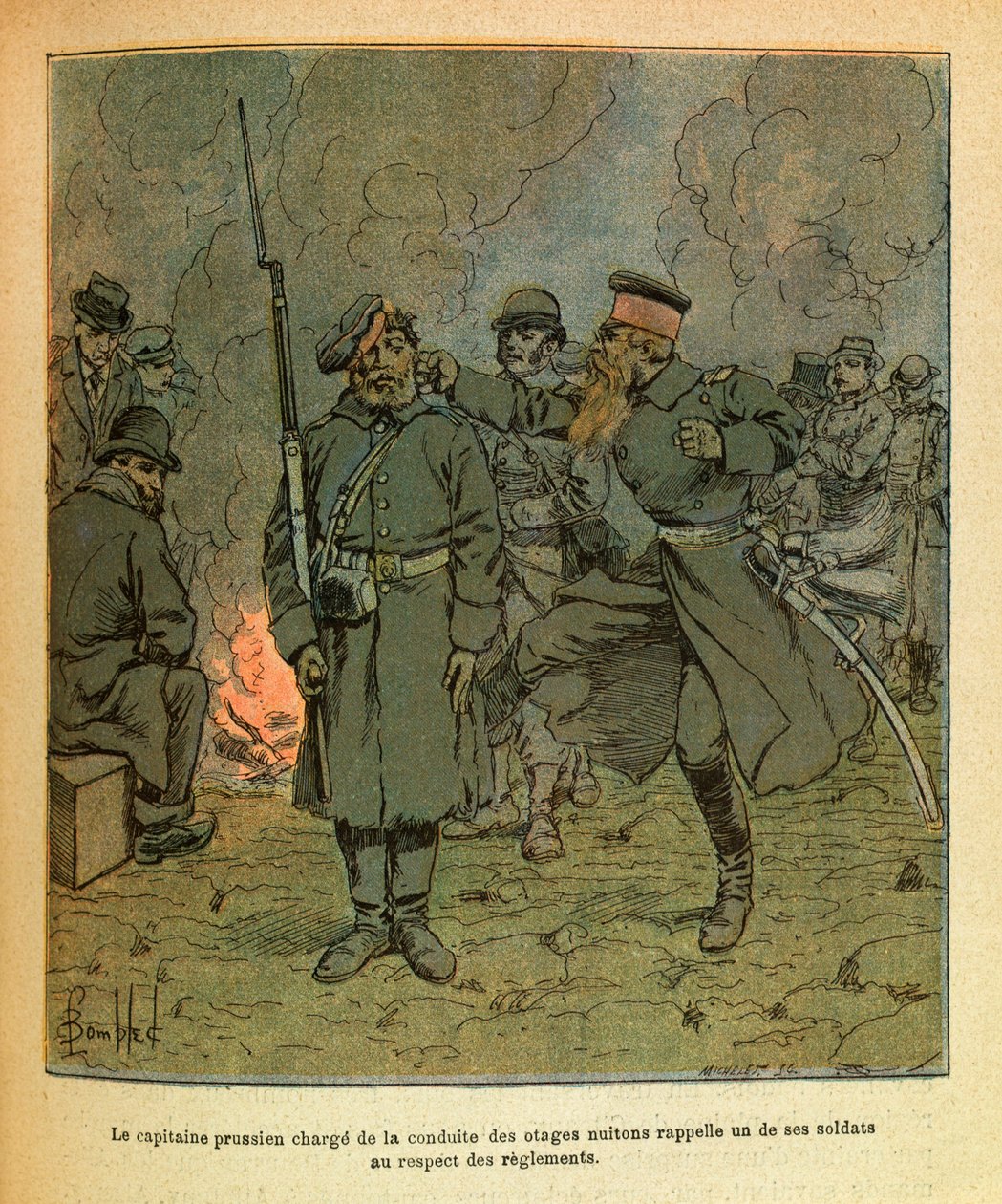 Východní Armee seržanta Eugena, známá jako Grenest, ilustrovaná Louisem Bombledem (1862-1927) (francouzsko-německá válka; kampaň 1870-1871): Pruský kapitán odpovědný za chování rukojmích z Nuits Saint Georges vzpomíná na jednoho jeho vojáků v c od Louis Charles Bombled