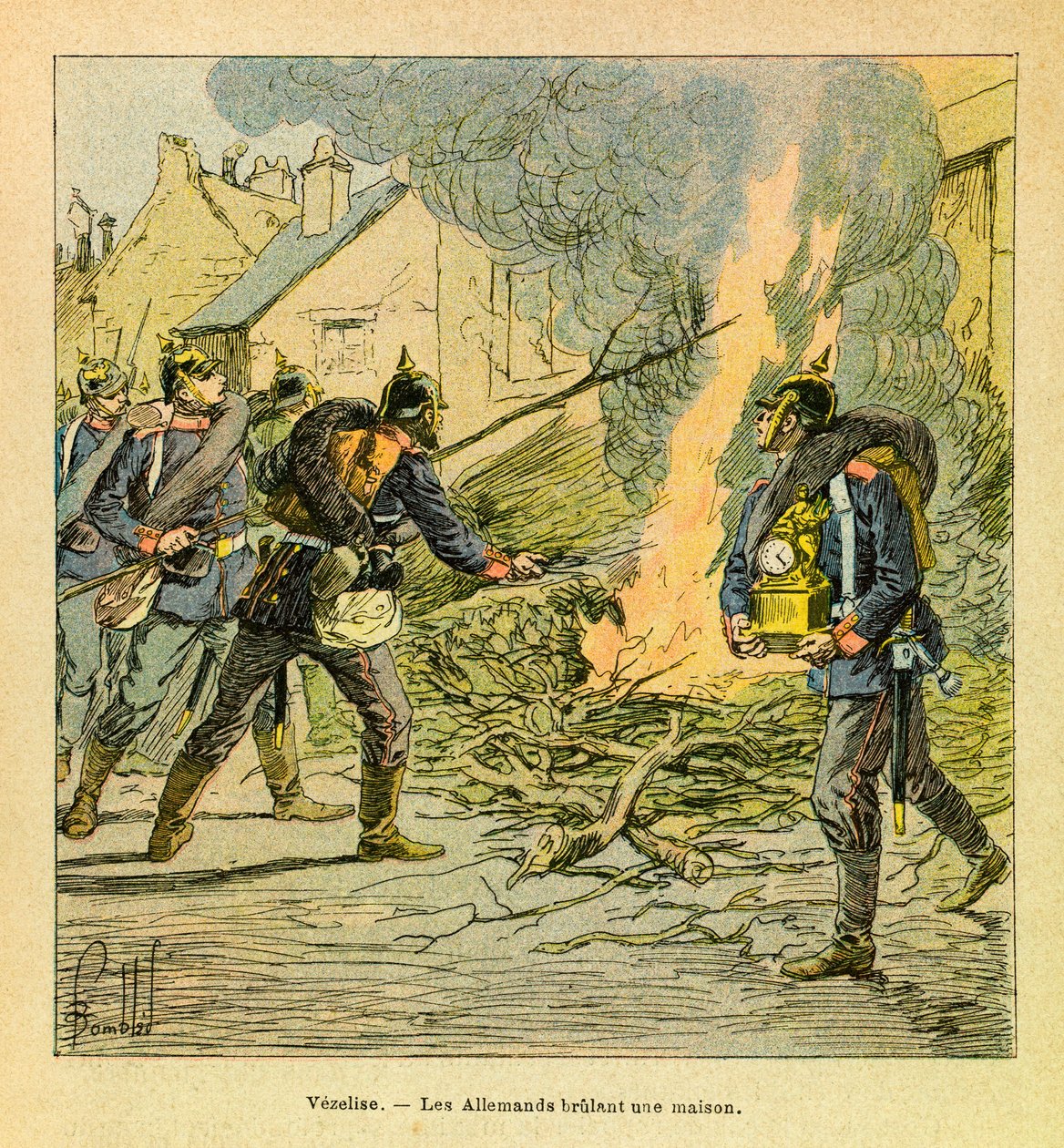 Východní Armee seržanta Eugena, známá jako Grenest, ilustrovaná Louisem Bombledem (1862-1927) (francouzsko-německá válka; kampaň 1870-1871): Ve Vezelise Prusové po invazi do města spálili dům, soukromá sbírka od Louis Charles Bombled