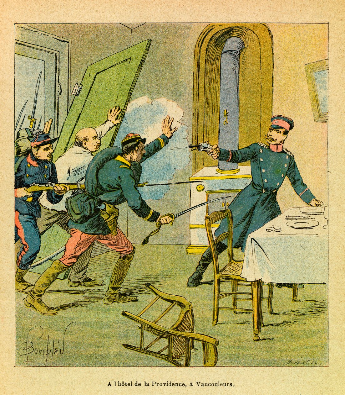 Východní Armee of Eugene Sergeant, známý jako Grenest, ilustrovaný Louisem Bombledem (1862-1927) (francouzsko-německá válka; kampaň 1870-1871): Pruský důstojník zajatý francouzskými motivy ve Vaucouleurs, Soukromá sbírka od Louis Charles Bombled
