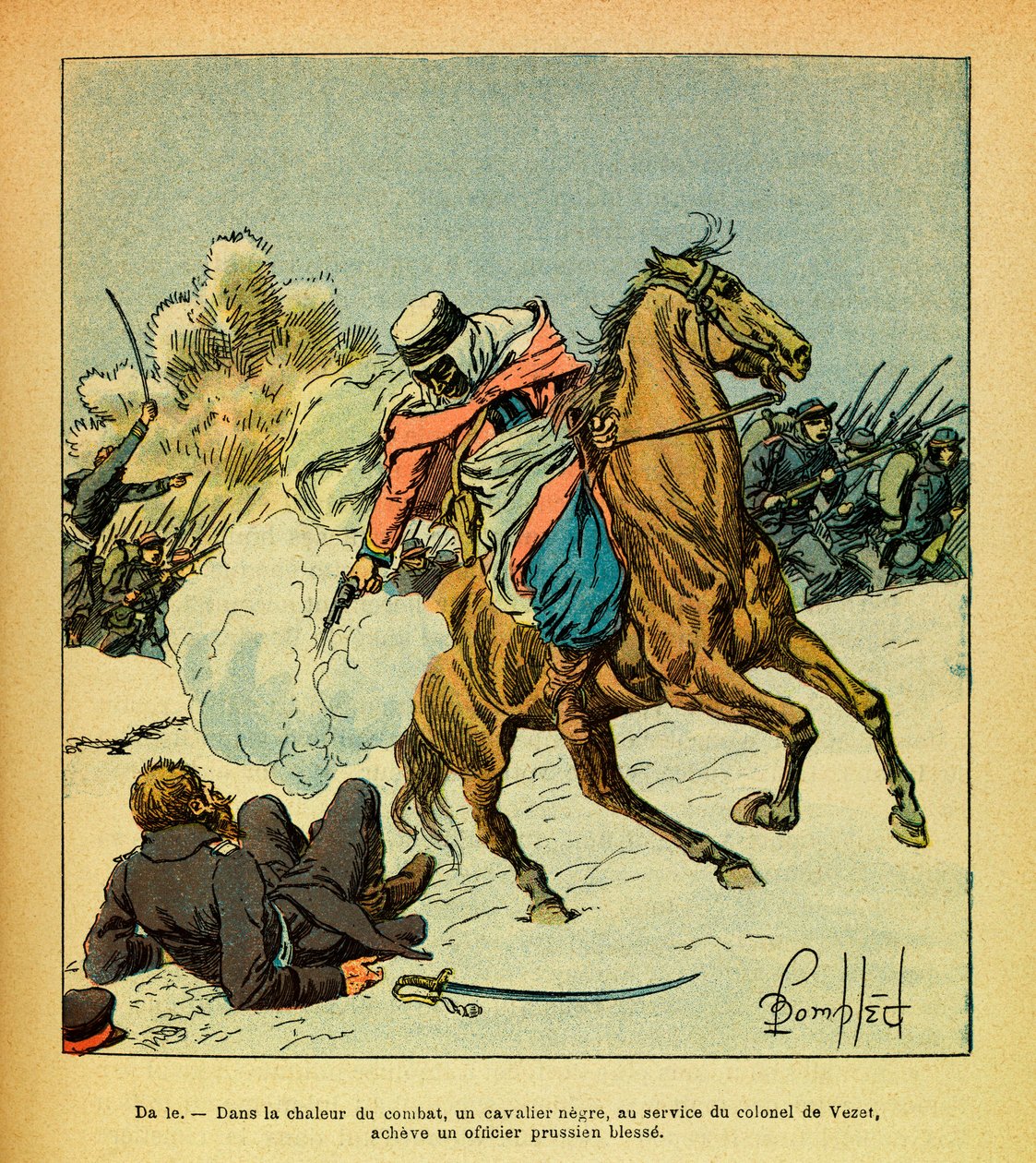 Východní Armee seržanta Eugena, známá jako Grenest, ilustrovaná Louisem Bombledem (1862-1927) (francouzsko-německá válka; kampaň 1870-1871): leden 1871, černý jezdec ve službách plukovníka De Vezeta dokončuje pruského důstojníka raněný, Sbírka Pa od Louis Charles Bombled