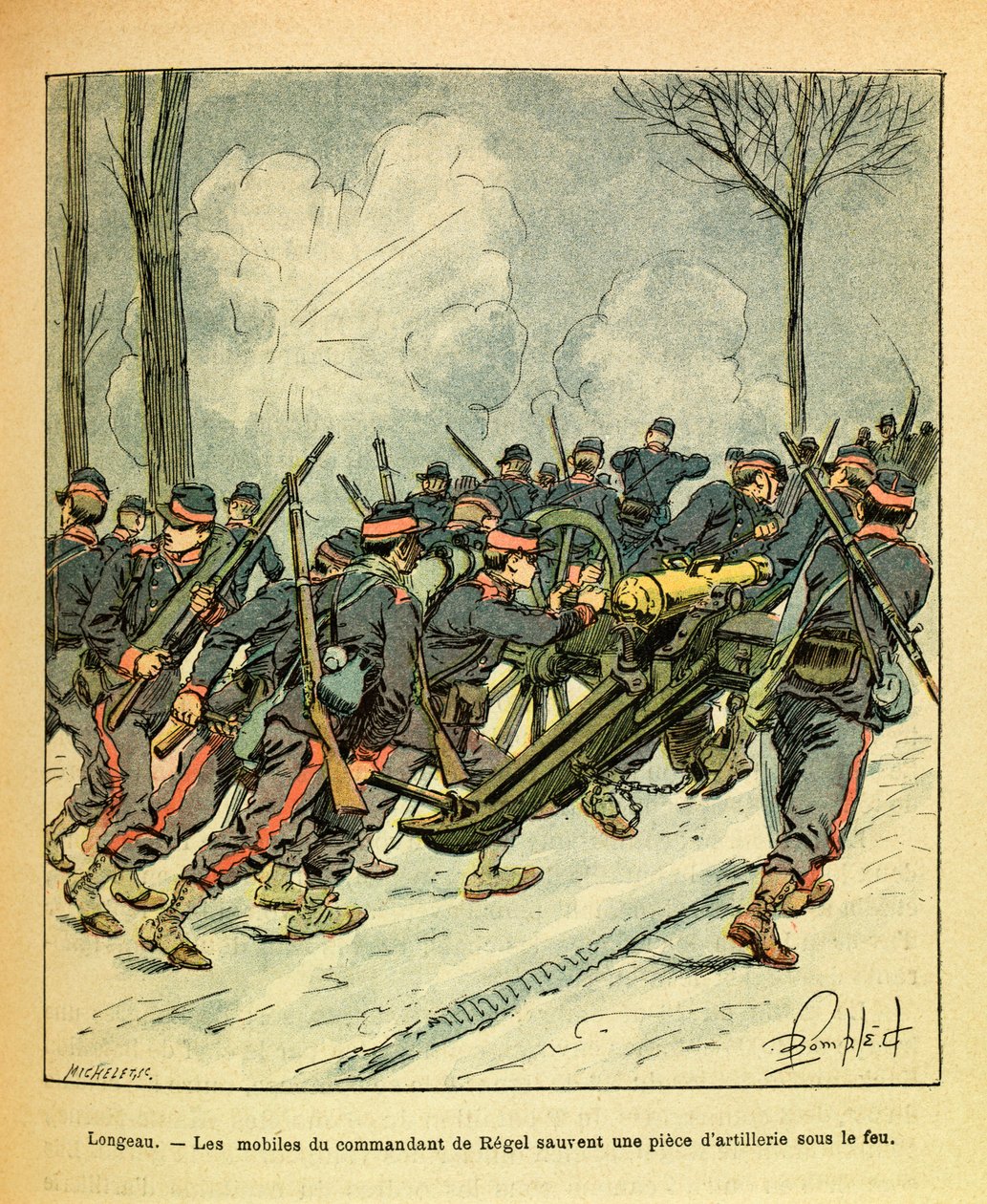 Východní Armee seržanta Eugena, známá jako Grenest, ilustrovaná Louisem Bombledem (1862-1927) (francouzsko-německá válka; kampaň 1870-1871): prosinec 1870, během bitvy u Longeau, motivy velitele Regelu zachráněny dělo pod nepřátelskou jedlí od Louis Charles Bombled