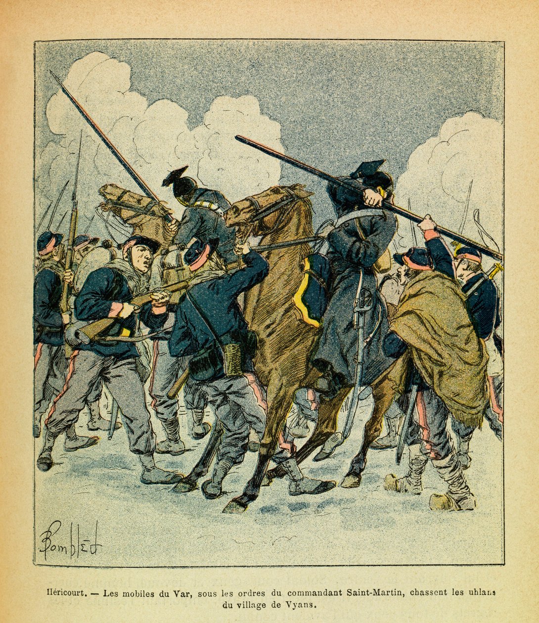 Východní Armee seržanta Eugena, známá jako Grenest, ilustrovaná Louisem Bombledem (1862-1927) (francouzsko-německá válka; kampaň 1870-1871): leden 1871, Hericourt, motivy Varů, na příkaz velitele Svatý Martine, lovte Uhlany f od Louis Charles Bombled