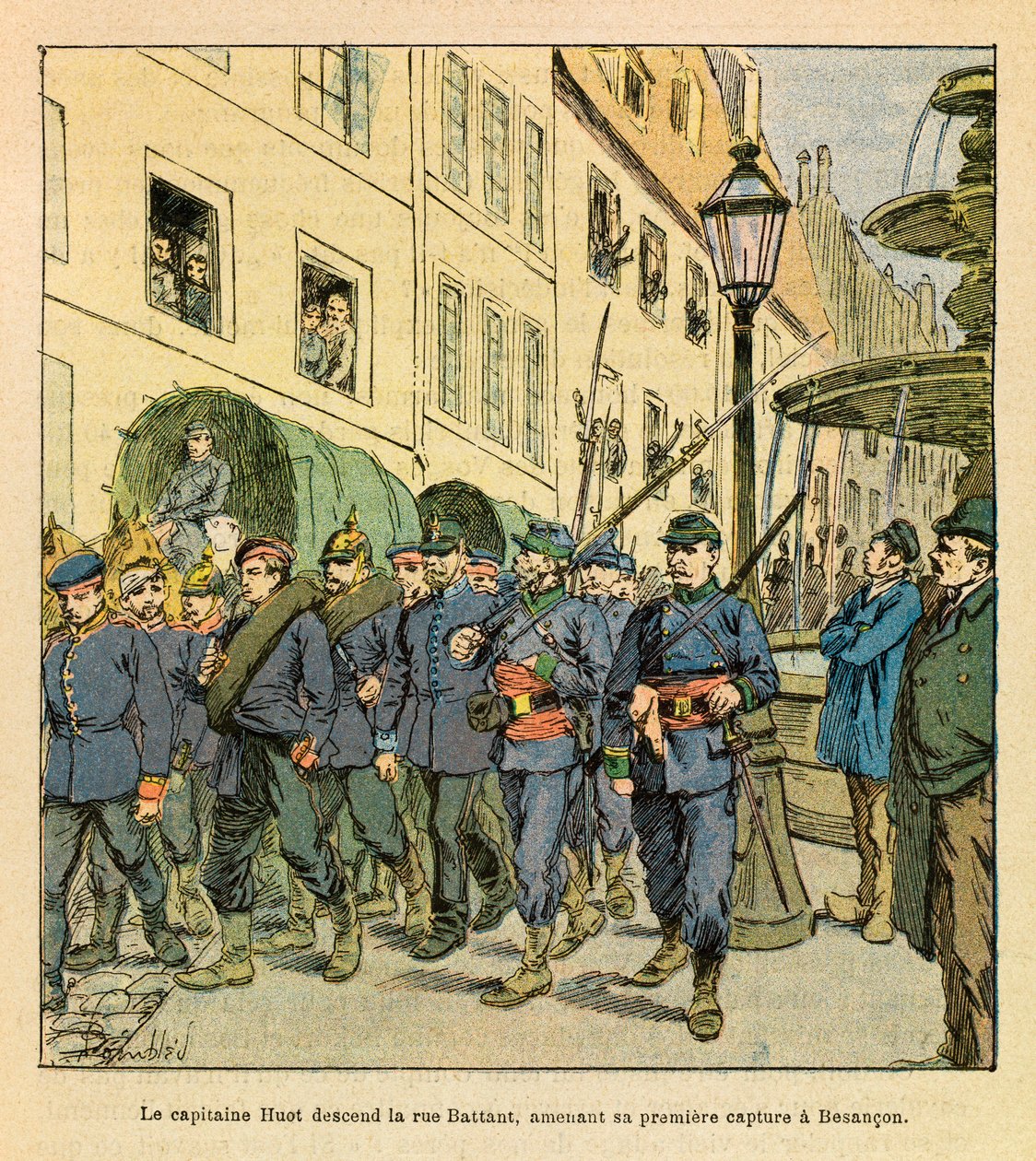 Východní Armee seržanta Eugena, známá jako Grenest, ilustrovaná Louisem Bombledem (1862-1927) (francouzsko-německá válka; kampaň 1870-1871): Kapitán Huot sestupuje z Rue Battant v Besanconu s pruskými vězni zajatými v Bethoncourt les Brotte v říjnu od Louis Charles Bombled