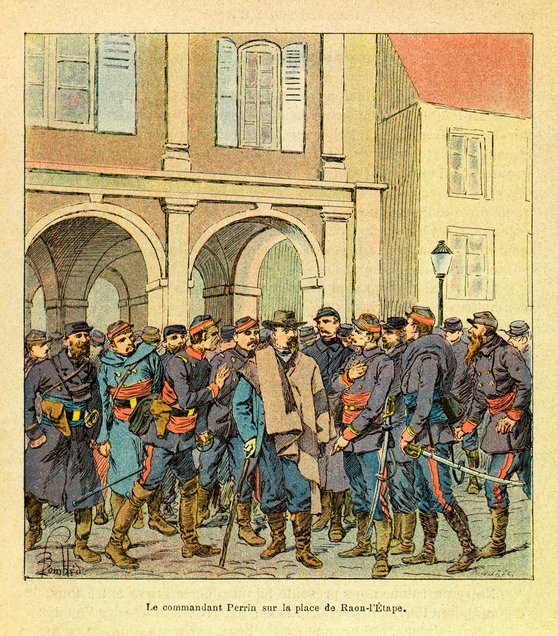 Východní Armee seržanta Eugena, známá jako Grenest, ilustrovaná Louisem Bombledem (1862-1927) (francouzsko-německá válka; kampaň 1870-1871): Velitel Perrin na Place de Raon-l