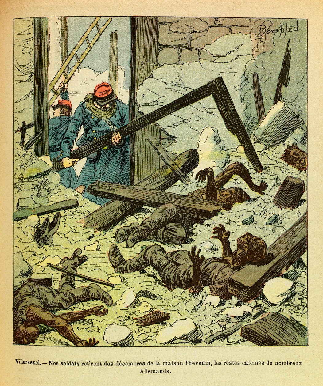 Východní Armee seržanta Eugena, známá jako Grenest, ilustrovaná Louisem Bombledem (1862-1927) (francouzsko-německá válka; kampaň 1870-1871): leden 1871, bitva u Villersexelu, francouzští vojáci odnášejí z domu pozůstatky Němců vojáci, vojín C od Louis Charles Bombled