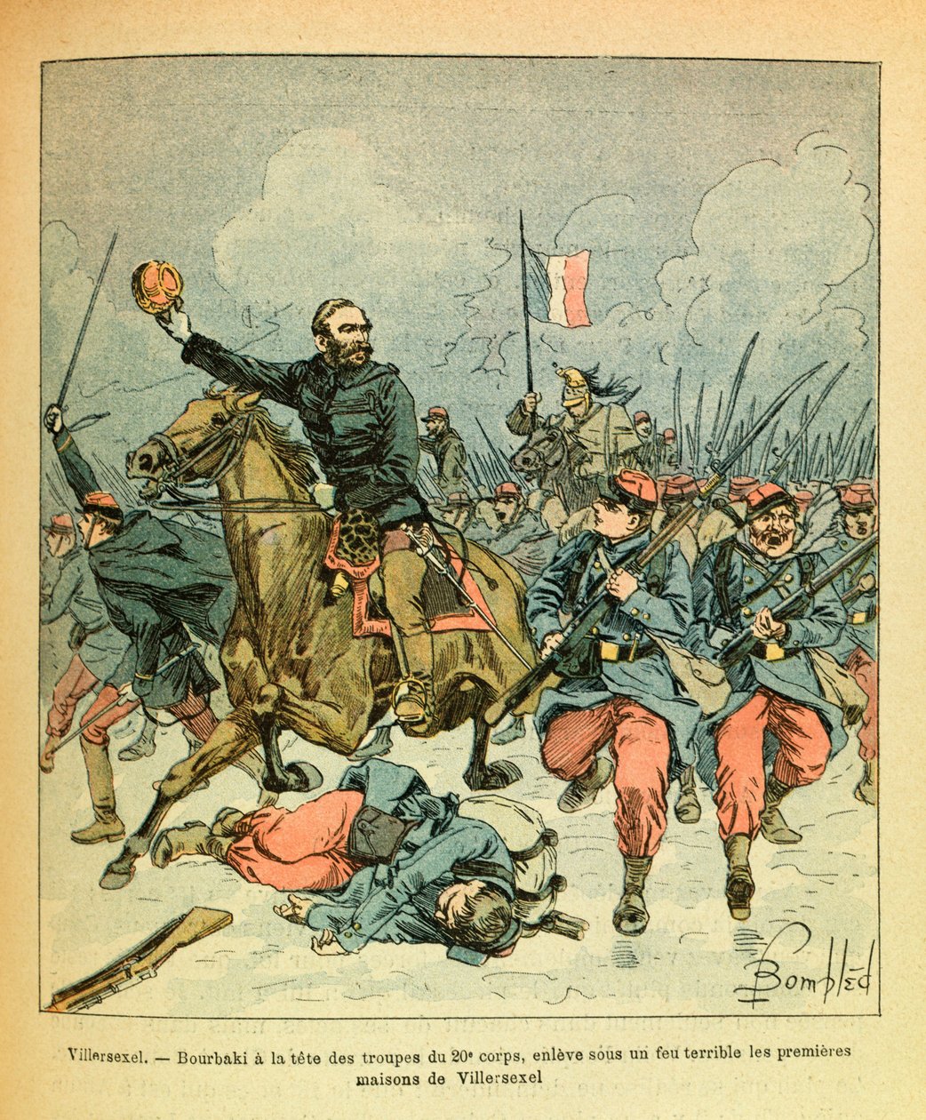 Východní Armee seržanta Eugena, známá jako Grenest, ilustrovaná Louisem Bombledem (1862-1927) (francouzsko-německá válka; kampaň 1870-1871): leden 1871, generál Bourbaki v čele jednotek 20. pod hrozným ohněm jedle od Louis Charles Bombled