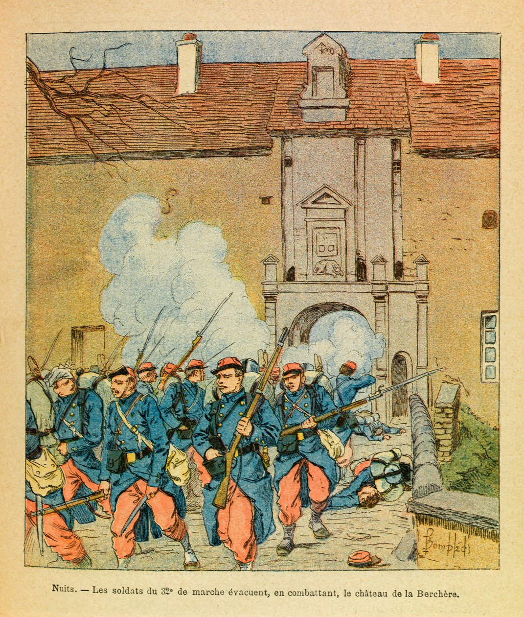 Východní armáda Eugena seržanta, známá jako Grenest, ilustrovaná Louisem Bombledem (1862-1927) (francouzsko-německá válka; tažení 1870-1871): Bitva u Night Saint Georges; vojáci z 32, eme de marche se evakuují, zatímco bojují s hradem La Berc od Louis Charles Bombled