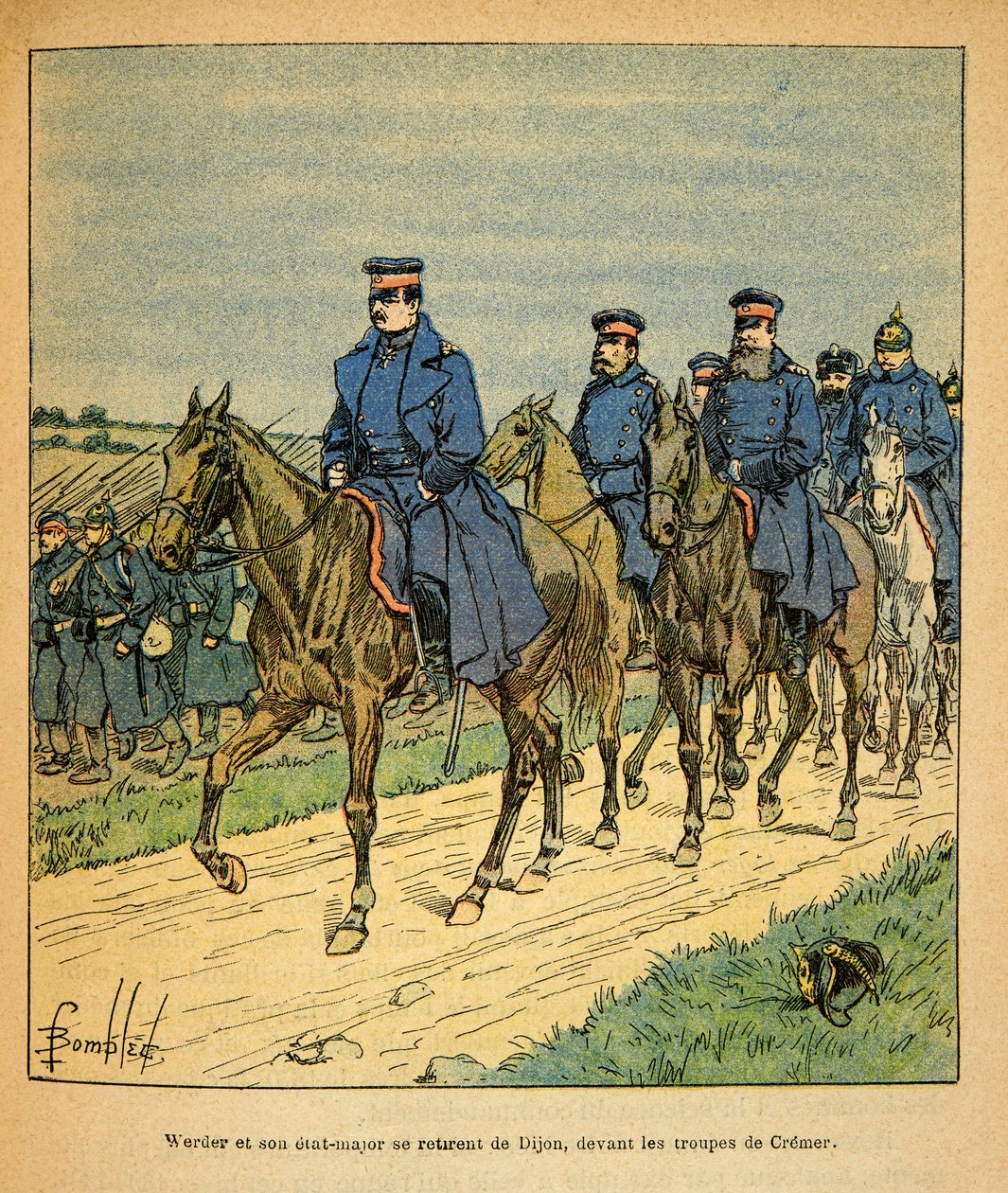 Východní armáda Eugena seržanta, známá jako Grenest, ilustrovaná Louisem Bombledem (1862-1927) (francouzsko-německá válka; kampaň 1870-1871): Generál Werder a jeho generální štáb v Dijonu před jednotkami generála Cremera, Soukromá sbírka od Louis Charles Bombled