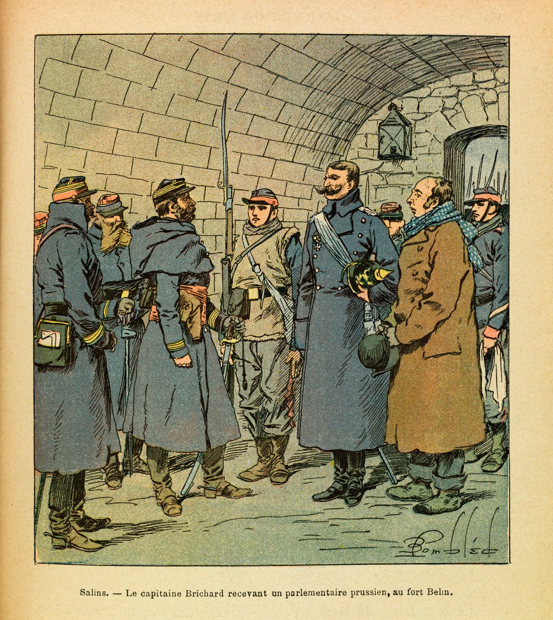 Východní armáda Eugena seržanta, známá jako Grenest, ilustrovaná Louisem Bombledem (1862-1927) (francouzsko-německá válka; kampaň 1870-1871): Salins, kapitán Brichard přijímá pruského poslance ve Fort Belin a Salins les Bains, vojín Sbírka od Louis Charles Bombled
