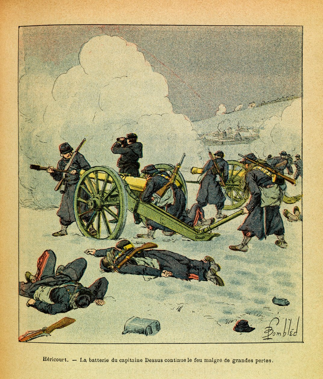 Východní Armee seržanta Eugena, známá jako Grenest, ilustrovaná Louisem Bombledem (1862-1927) (francouzsko-německá válka; kampaň 1870-1871): leden 1871, Hericourt, baterie kapitána Dessuse pokračuje v palbě velkých ztrát, Soukromá sbírka od Louis Charles Bombled