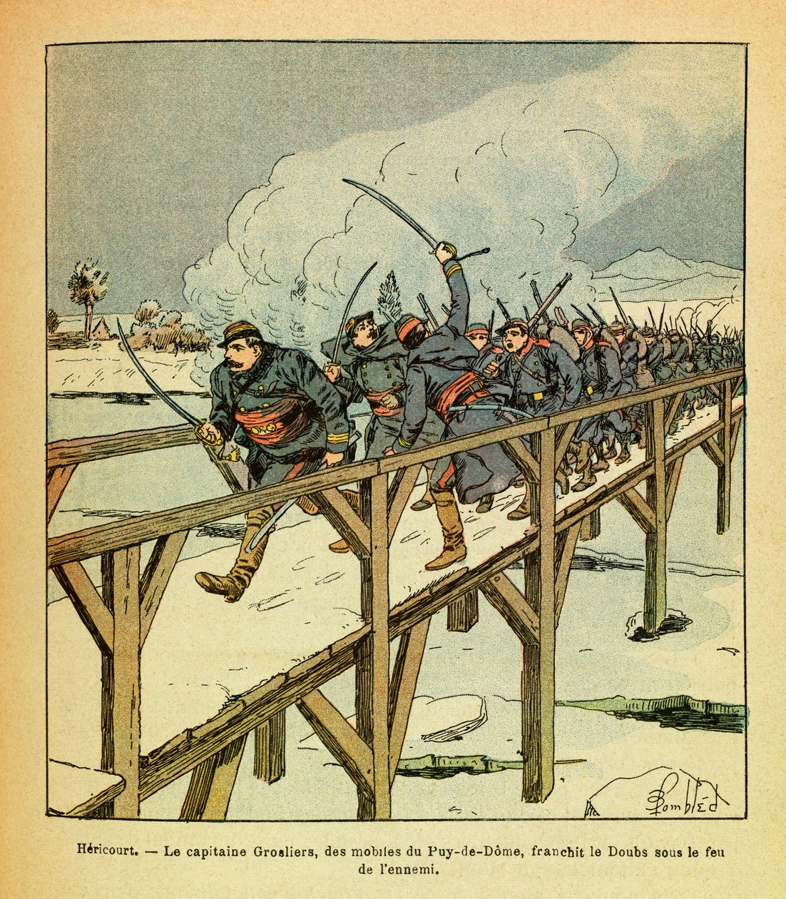Východní Armee seržanta Eugena, známá jako Grenest, ilustrovaná Louisem Bombledem (1862-1927) (francouzsko-německá válka; kampaň 1870-1871): leden 1871, Hericourt, kapitán Grosliers a motivy Puy de Dome překračují Doubs pod nepřátelskou palbou, Privat od Louis Charles Bombled