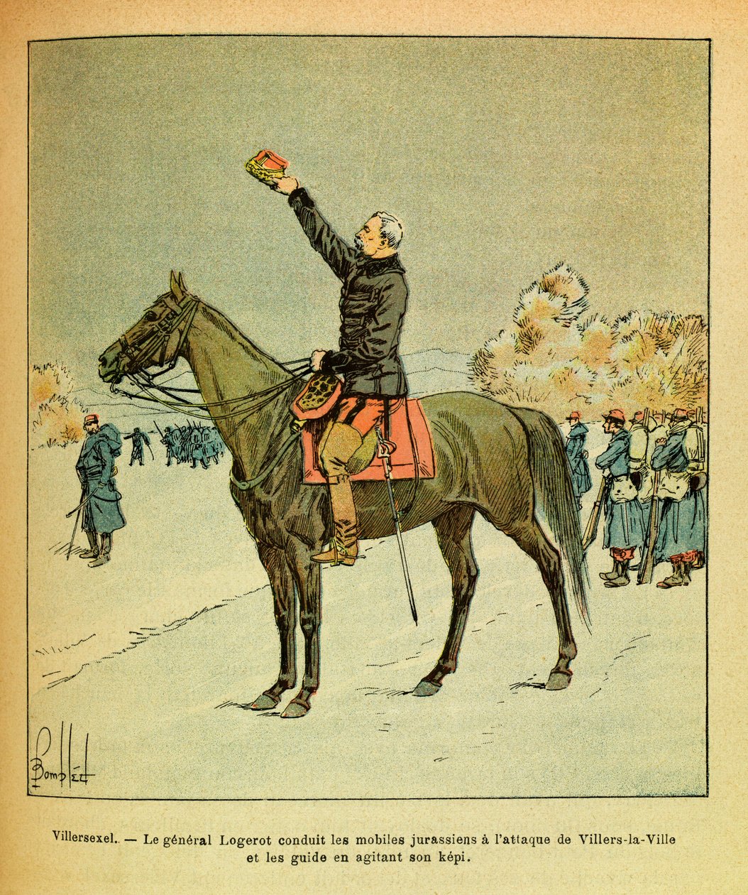 Východní Armee seržanta Eugena, známá jako Grenest, ilustrovaná Louisem Bombledem (1862-1927) (francouzsko-německá válka; kampaň 1870-1871): Bitva u Villersexelu, leden 1871, generál Logerot vedl jurský mobil k útoku na Villers La Ville an od Louis Charles Bombled