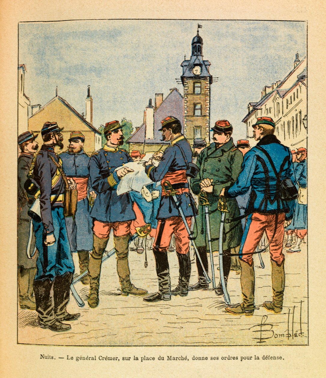 Východní armáda Eugena Sergeanta, známá jako Grenest, ilustrovaná Louisem Bombledem (1862-1927) (francouzsko-německá válka; tažení v letech 1870-1871): Bitva u Nuits Saint Georges; generál Cremer na náměstí Marche vydává rozkazy k obraně, prosinec 1870, Pr od Louis Charles Bombled