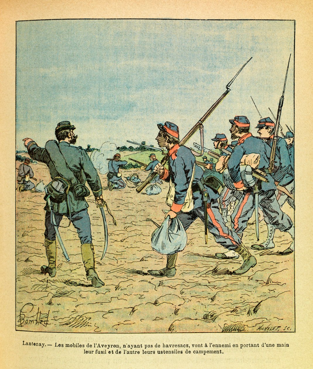 Východní Armee of Eugene Sergeant, známý jako Grenest, ilustrovaný Louisem Bombledem (1862-1927) (francouzsko-německá válka; kampaň 1870-1871): Bitva u Lantenay v listopadu 1870, mobilní telefony Aveyron bez havresaců jdou k nepříteli nesoucí jejich ri od Louis Charles Bombled