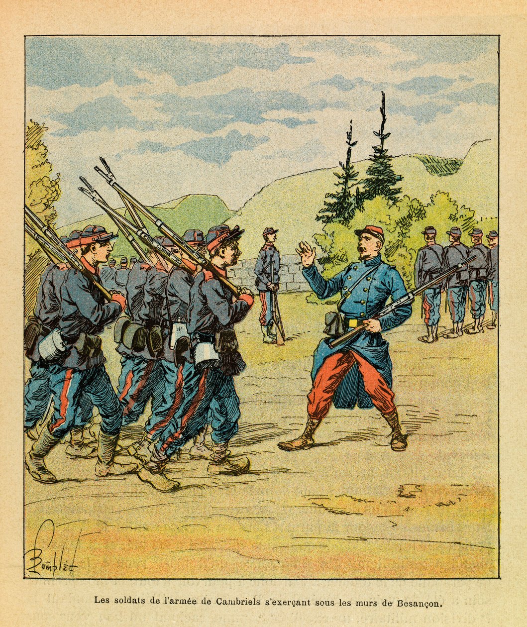 Východní armáda Eugena seržanta, známá jako Grenest, ilustrovaná Louisem Bombledem (1862-1927) (francouzsko-německá válka; kampaň 1870-1871): Vojáci armády generála Cambrielse cvičící pod hradbami Besanconu, soukromá sbírka od Louis Charles Bombled