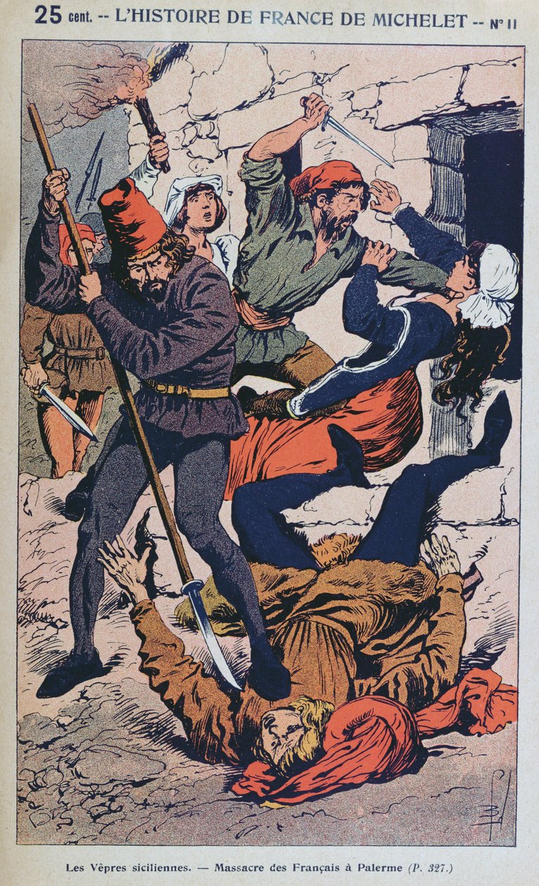„Sicílské nešpory“ (30. března – konec dubna 1282), ilustrace k populární historii Francie od Michele, kolem roku 1900 (barevná rytina) od Louis Charles Bombled