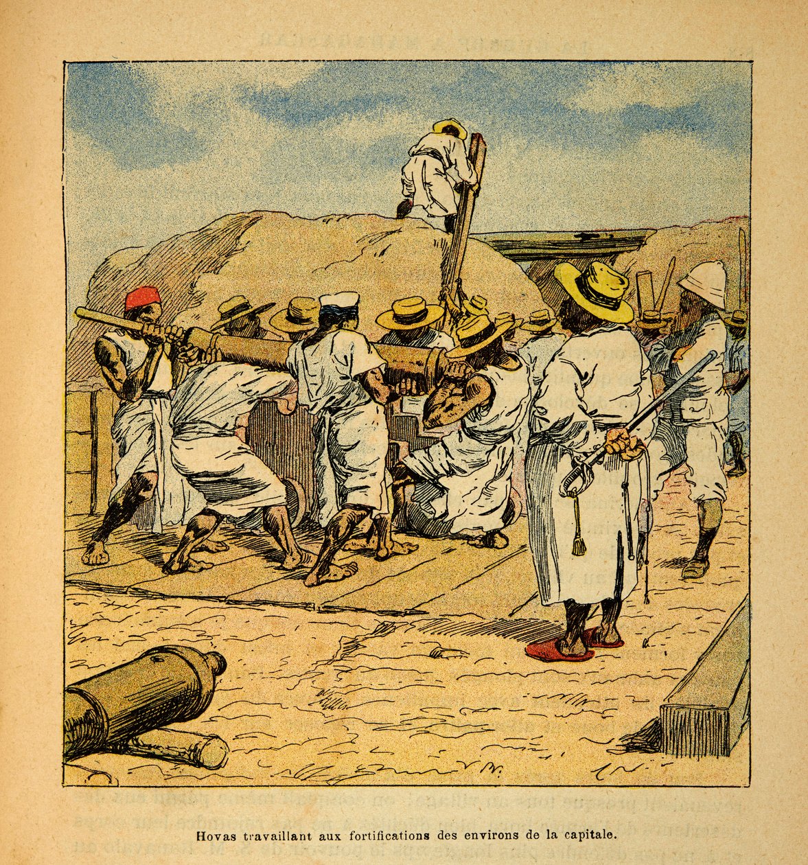 Válka na Madagaskaru - neoficiální historie francouzských expedic 1885-1895 od Henri Galli dit Galllichet (1854-1922), ilustrovaný Louisem Bombledem (1862-1927): Hovas pracující na opevnění hlavního města v roce 1895, Soukromá sbírka od Louis Charles Bombled