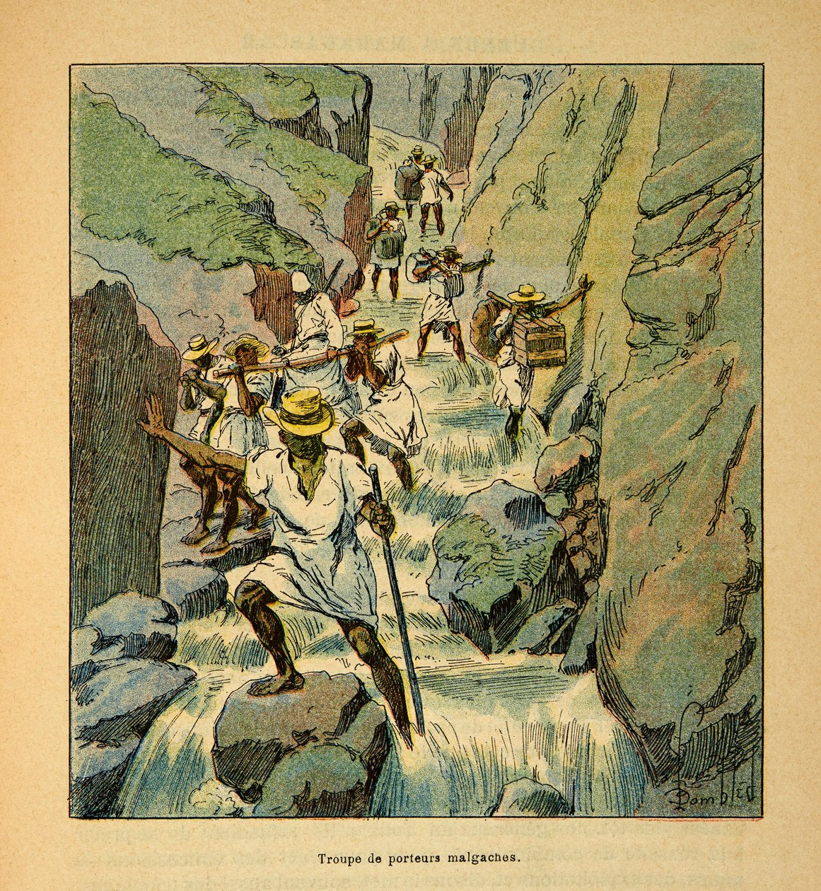Válka na Madagaskaru - neoficiální historie francouzských expedic 1885-1895 od Henri Galli dit Galllichet (1854-1922), ilustrované Louisem Bombledem (1862-1927): Madagaskarské přepravní jednotky v roce 1895, soukromá sbírka od Louis Charles Bombled