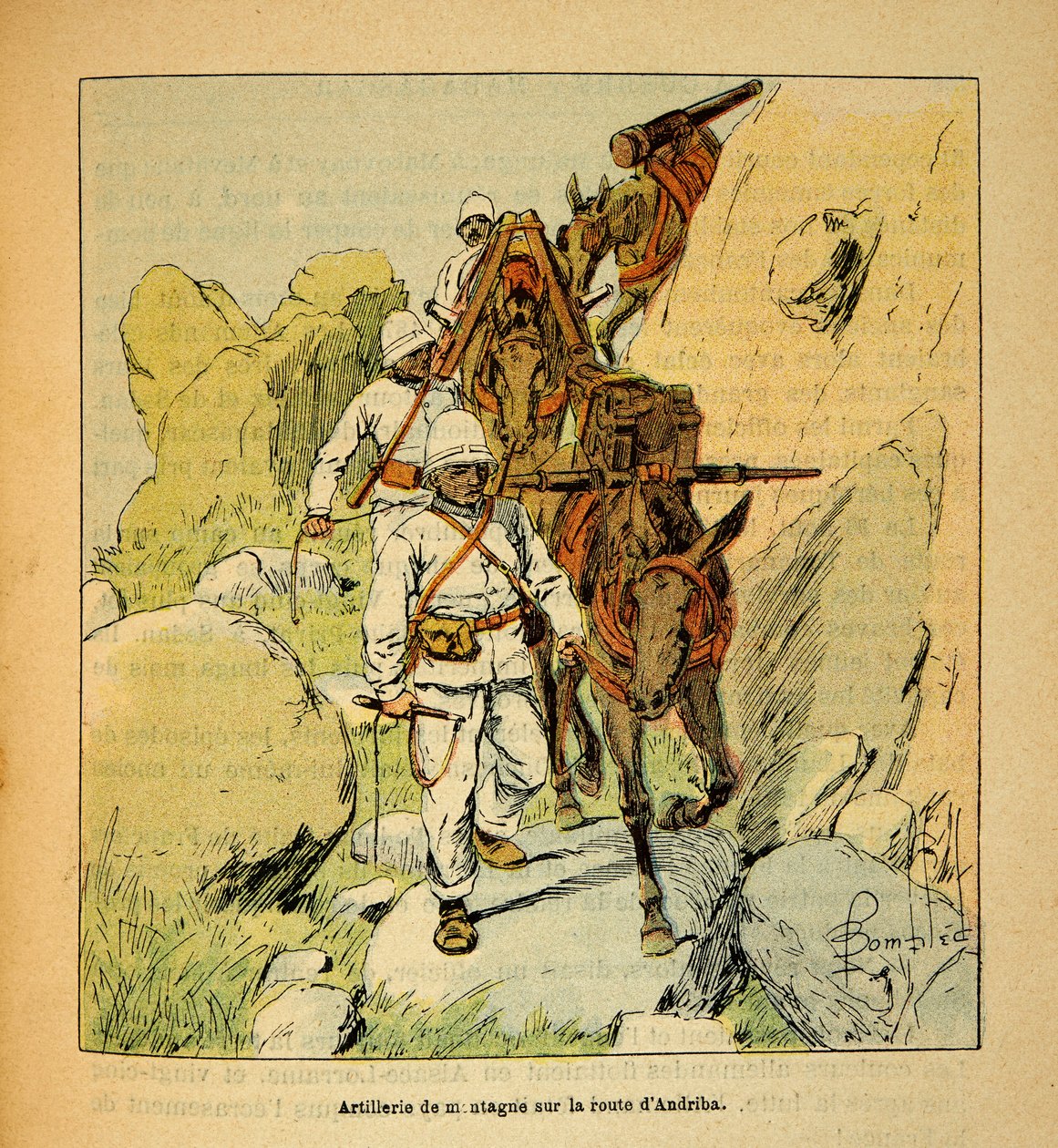 Válka na Madagaskaru - neoficiální historie francouzských expedic 1885-1895 od Henri Galli dit Galllichet (1854-1922), ilustrované Louisem Bombledem (1862-1927): Horské dělostřelectvo na Andribské cestě na Madagaskar v roce 1895, Soukromá sbírka od Louis Charles Bombled
