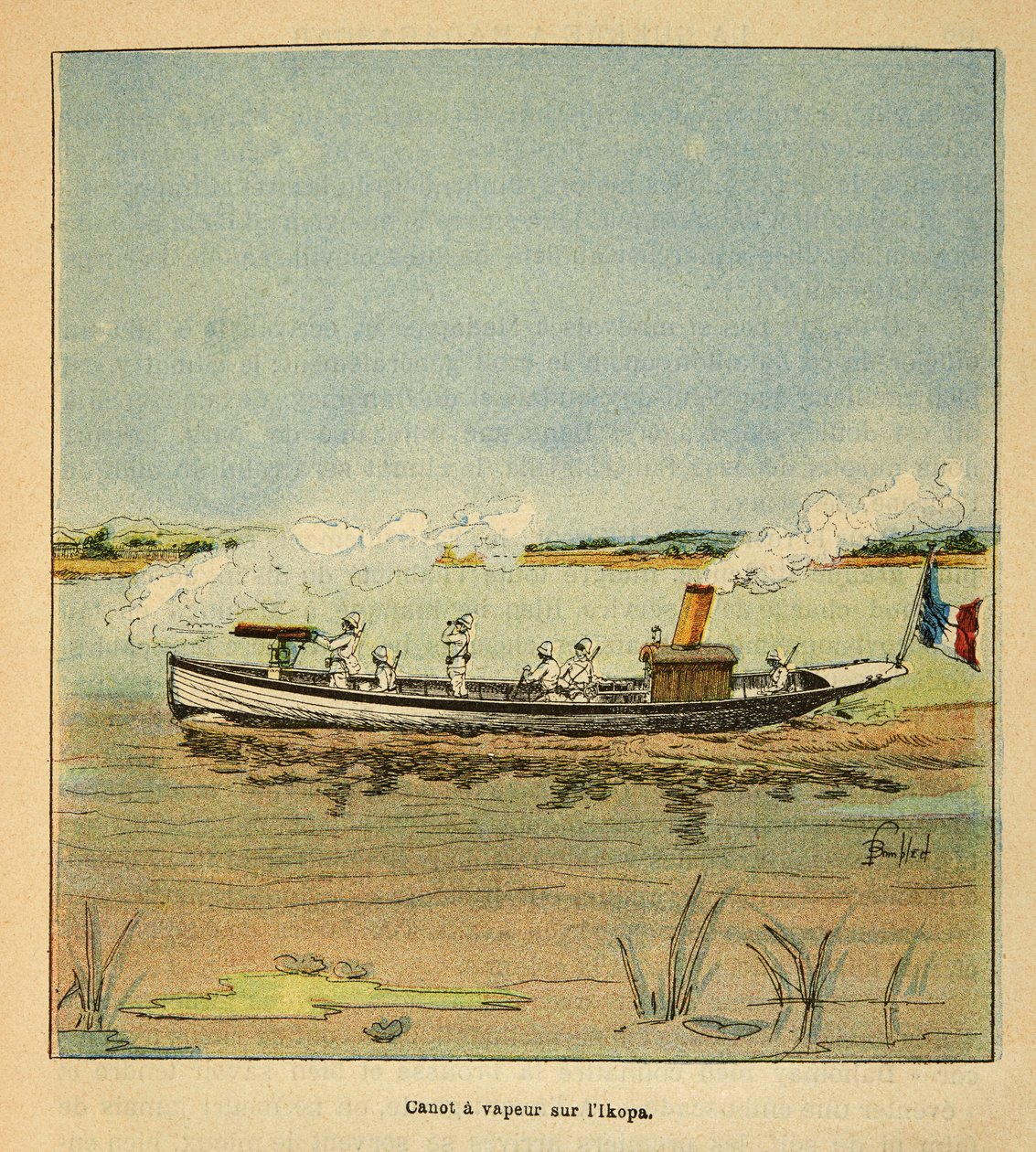 Válka na Madagaskaru - neoficiální historie francouzských expedic 1885-1895 od Henri Galli dit Galllichet (1854-1922), ilustrované Louisem Bombledem (1862-1927): Francouzská Canonniere na řece Ikopa na Madagaskaru v roce 1895, soukromá sbírka od Louis Charles Bombled