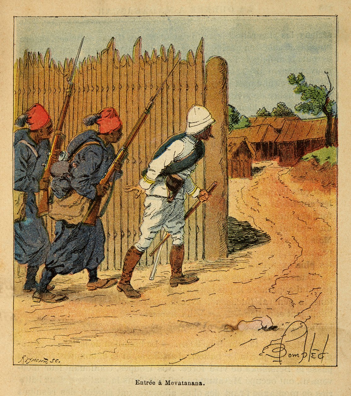 Válka na Madagaskaru - neoficiální historie francouzských expedic 1885-1895 od Henri Galli dit Galllichet (1854-1922), ilustrované Louisem Bombledem (1862-1927): Francouzské jednotky vstoupily do vesnice Mevatanana v roce 1895, Soukromá sbírka od Louis Charles Bombled