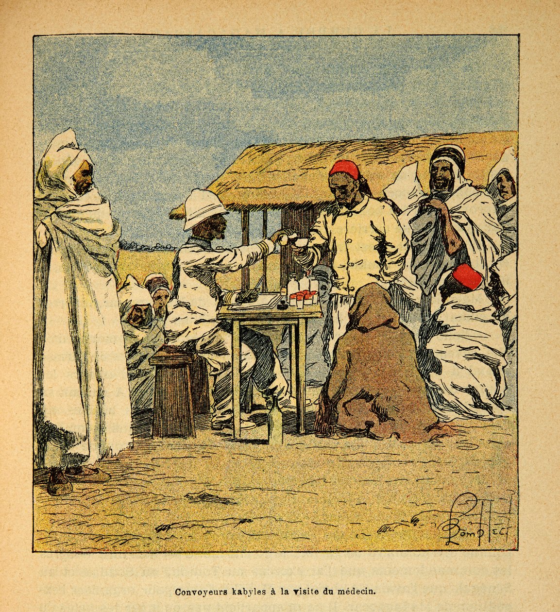 Válka na Madagaskaru - neoficiální historie francouzských expedic 1885-1895 od Henri Galli dit Galllichet (1854-1922), ilustrované Louisem Bombledem (1862-1927): Návštěva vojenského lékaře Convoyeurs Kabiles, soukromá sbírka od Louis Charles Bombled