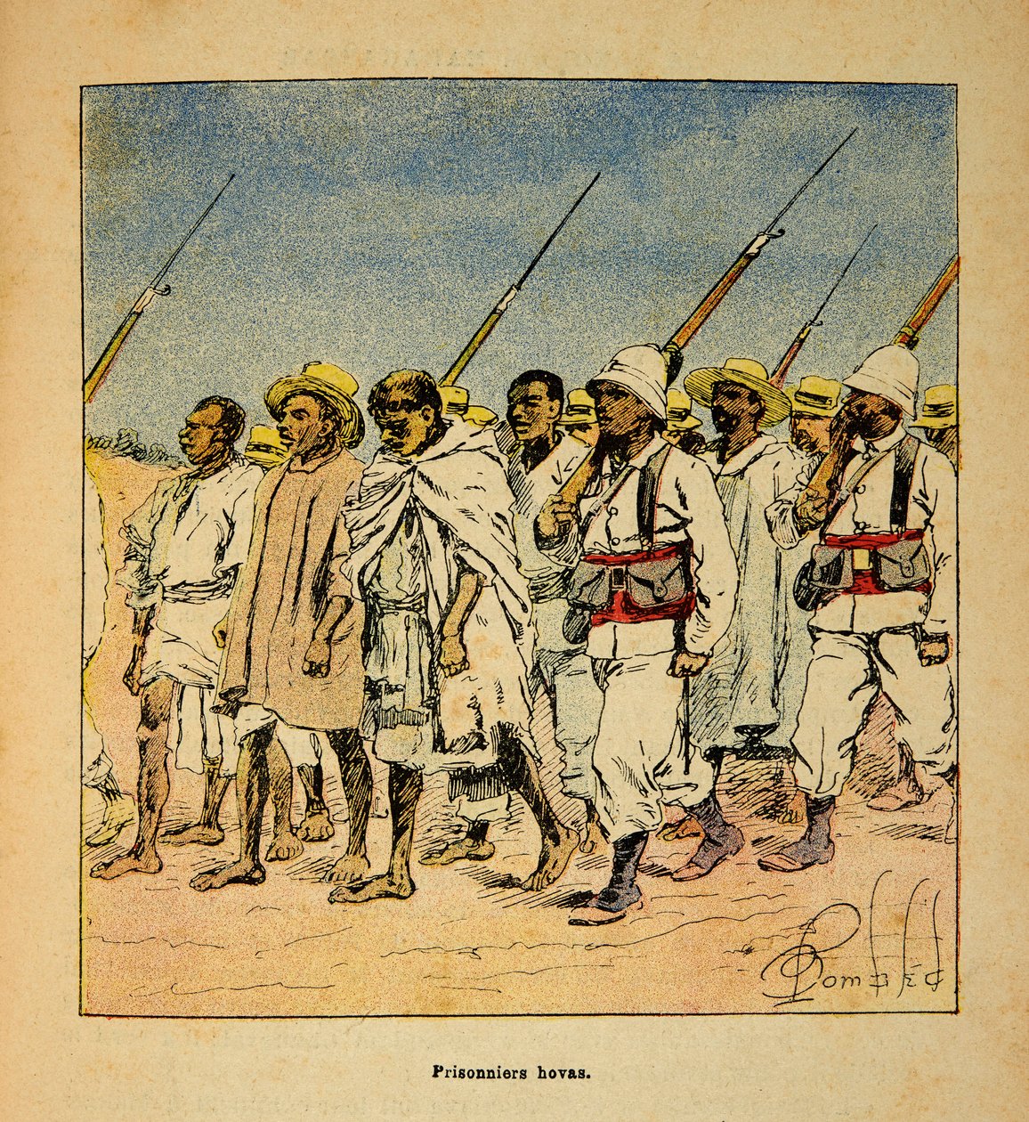 Válka na Madagaskaru - neoficiální historie francouzských expedic 1885-1895 od Henri Galli dit Galllichet (1854-1922), ilustrované Louisem Bombledem (1862-1927): Hovas Prisoners v roce 1895, soukromá sbírka od Louis Charles Bombled