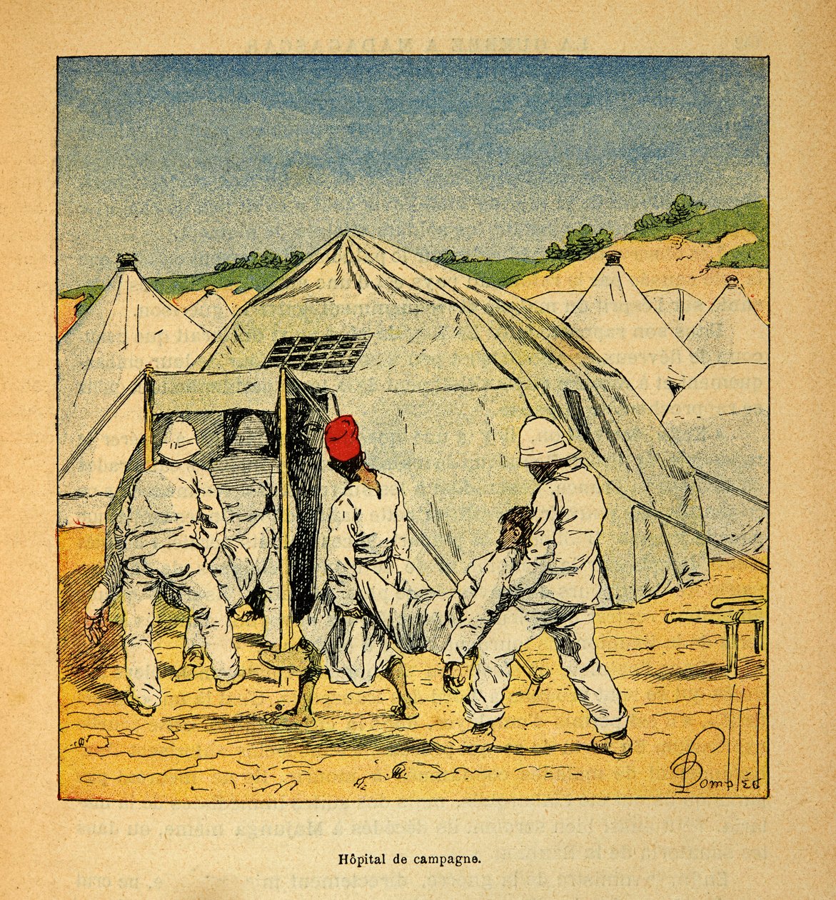 Válka na Madagaskaru - neoficiální historie francouzských expedic 1885-1895 od Henri Galli dit Galllichet (1854-1922), ilustrované Louisem Bombledem (1862-1927): Vojenská polní nemocnice na Madagaskaru v roce 1895, soukromá sbírka od Louis Charles Bombled