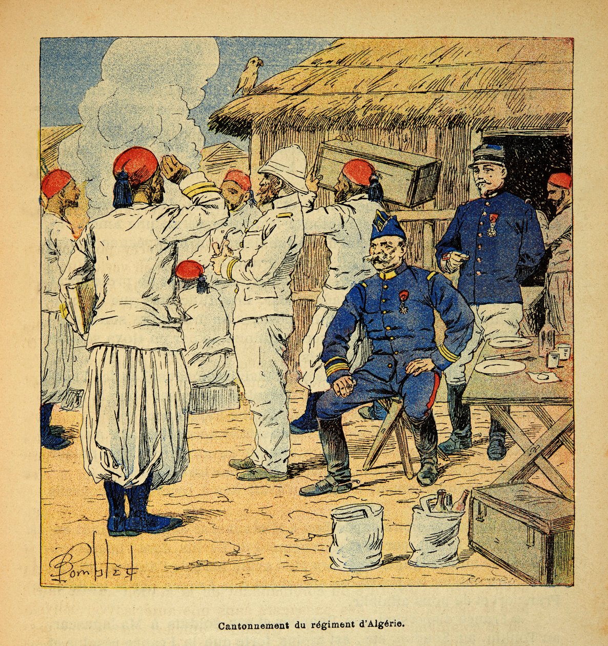 Válka na Madagaskaru - neoficiální historie francouzských expedic 1885-1895 od Henri Galli dit Galllichet (1854-1922), ilustrovaná Louisem Bombledem (1862-1927): Kantonace alžírského pluku během francouzské expedice na Madagaskar v roce 18 , P od Louis Charles Bombled