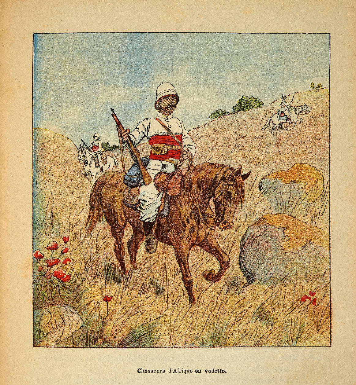Válka na Madagaskaru - neoficiální historie francouzských expedic 1885-1895 od Henri Galli dit Galllichet (1854-1922), ilustrovaný Louis Bombled (1862-1927): Lovec Afriky ve skautu na Madagaskaru v roce 1895, Soukromá sbírka od Louis Charles Bombled