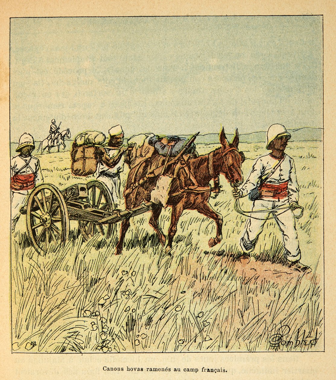 Válka na Madagaskaru – neoficiální historie francouzských expedic v letech 1885-1895 od Henri Galli dit Galllichet (1854-1922), ilustrované Louisem Bombledem (1862-1927): Hovasovy kanonie přivezené zpět do francouzského tábora, soukromá sbírka od Louis Charles Bombled