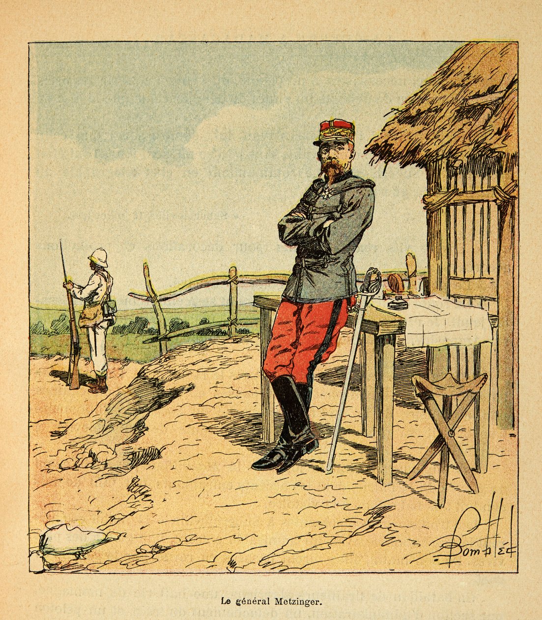 Válka na Madagaskaru - neoficiální historie francouzských expedic 1885-1895 od Henri Galli dit Galllichet (1854-1922), ilustrované Louisem Bombledem (1862-1927): Portrét generála Metzingera na Madagaskaru v roce 1895, soukromá sbírka od Louis Charles Bombled