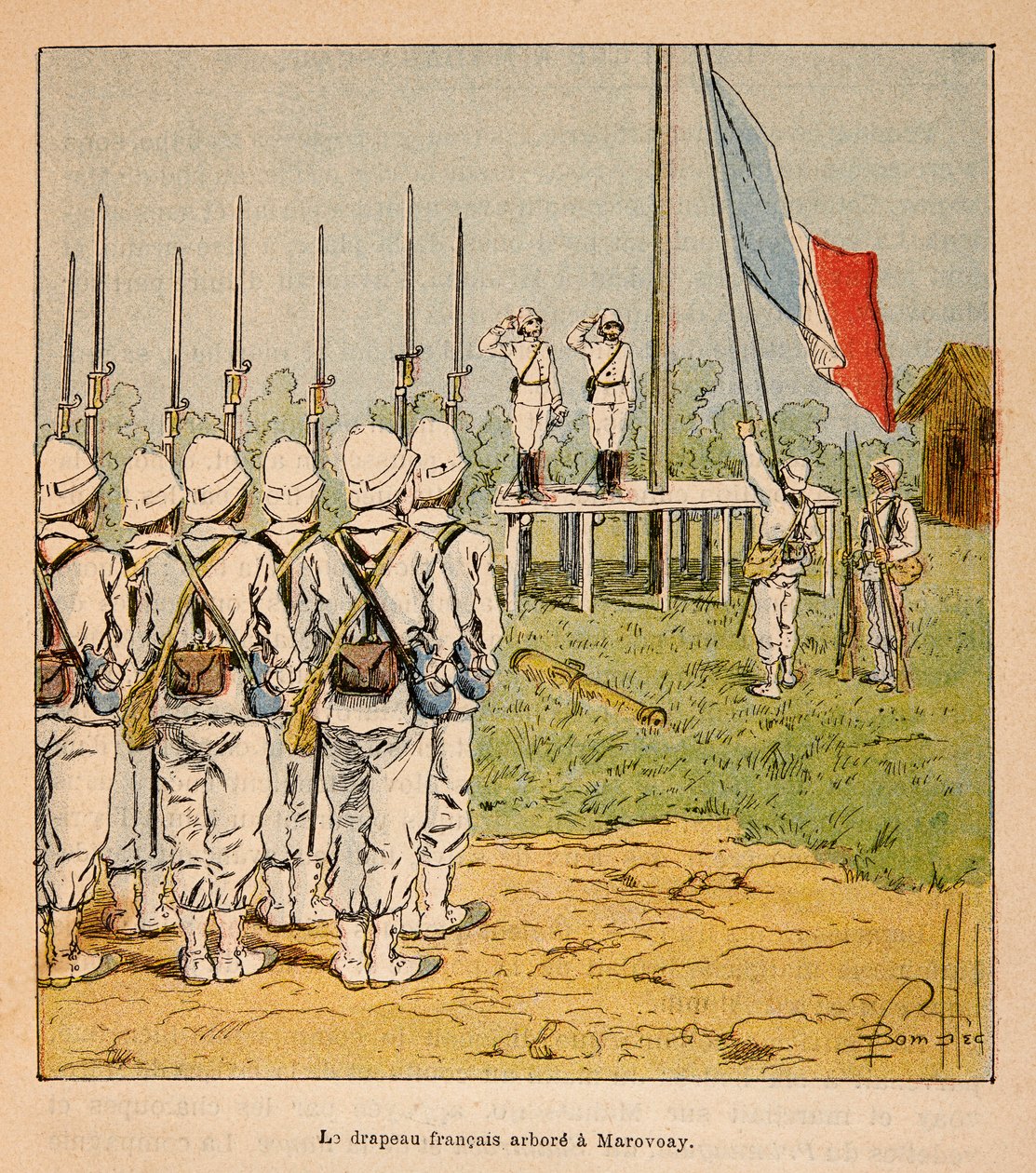 Válka na Madagaskaru - neoficiální historie francouzských expedic 1885-1895 od Henri Galli dit Galllichet (1854-1922), ilustrované Louisem Bombledem (1862-1927): Francouzská vlajka pluje na Marovoay v roce 1895, Soukromá sbírka od Louis Charles Bombled