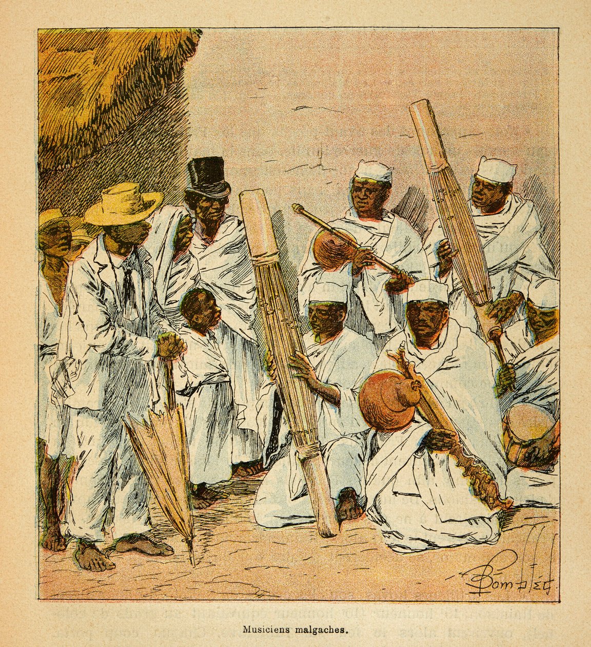 Válka na Madagaskaru - neoficiální historie francouzských expedic 1885-1895 od Henri Galli dit Galllichet (1854-1922), ilustrované Louisem Bombledem (1862-1927): Madagaskarští hudebníci v 19. století, soukromá sbírka od Louis Charles Bombled