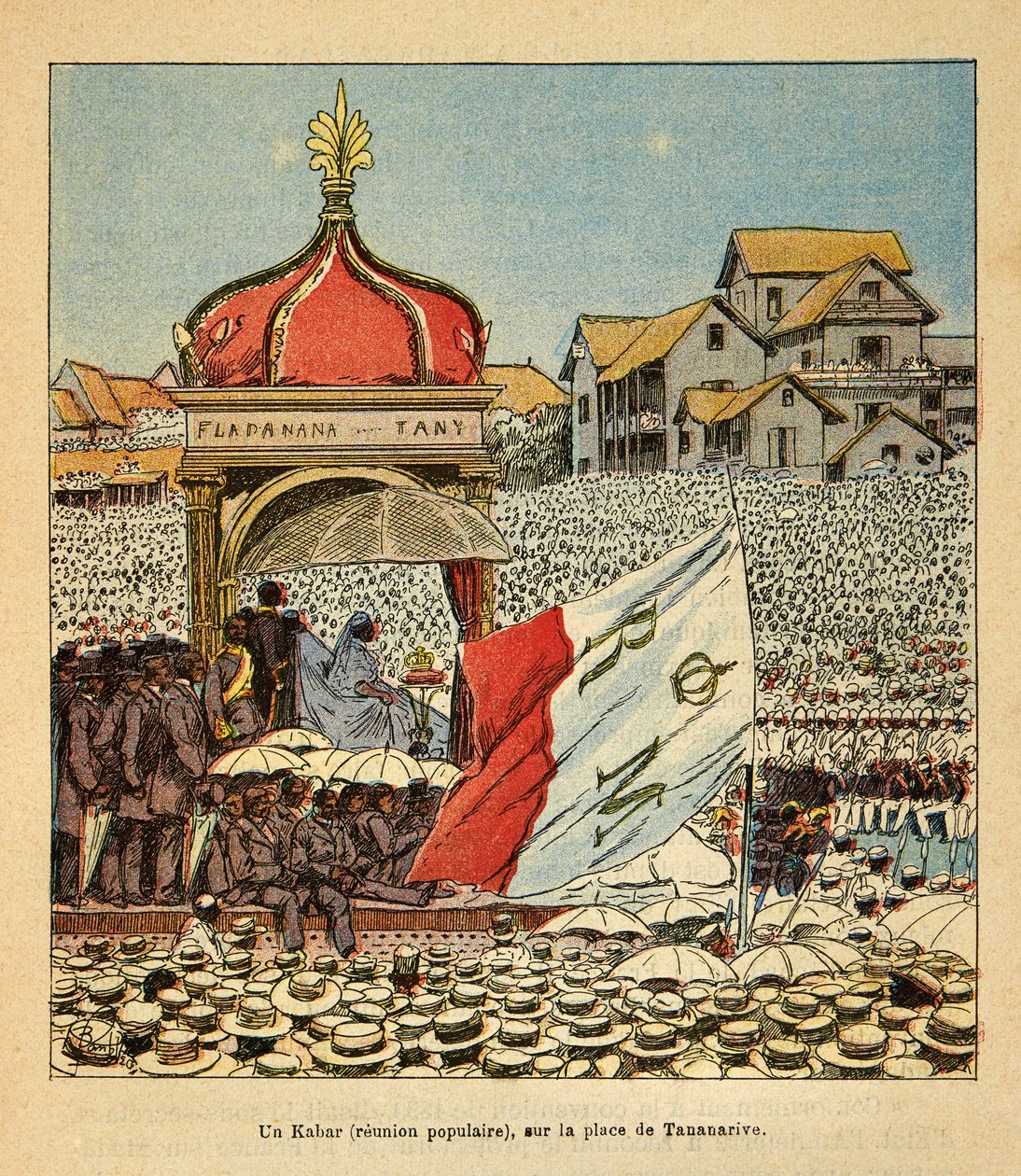 Válka na Madagaskaru-neoficiální historie francouzských expedic 1885-1895 Henri Galli dit Galllichet (1854-1922), ilustrované Louisem Bombledem (1862-1927): Kabar (lidové setkání) na náměstí Tananarive v 19. přítomnost Qu od Louis Charles Bombled