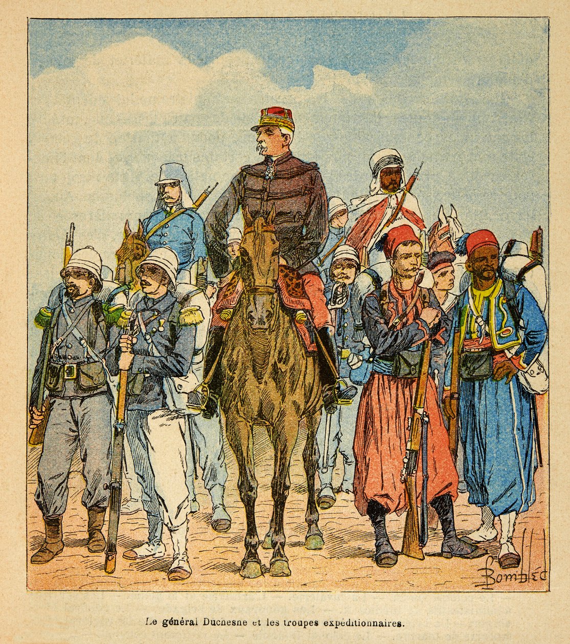 Válka na Madagaskaru - neoficiální historie francouzských expedic 1885-1895 od Henri Galli dit Galllichet (1854-1922), ilustrované Louisem Bombledem (1862-1927): Generál Duchesne s expedičními vojsky Madagaskaru, soukromá sbírka od Louis Charles Bombled
