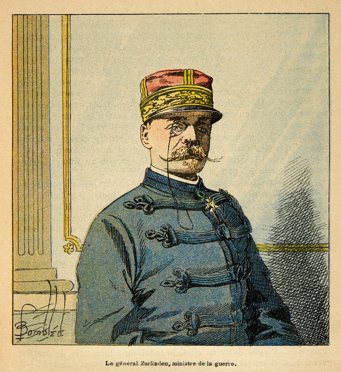 Válka na Madagaskaru-neoficiální historie francouzských expedic 1885-1895 od Henri Galli dit Galllichet (1854-1922), ilustrovaný Louis Bombled (1862-1927): Portrét generála Emile Auguste Francois Zurlinden (1837-1929), ministr války, vojín C od Louis Charles Bombled