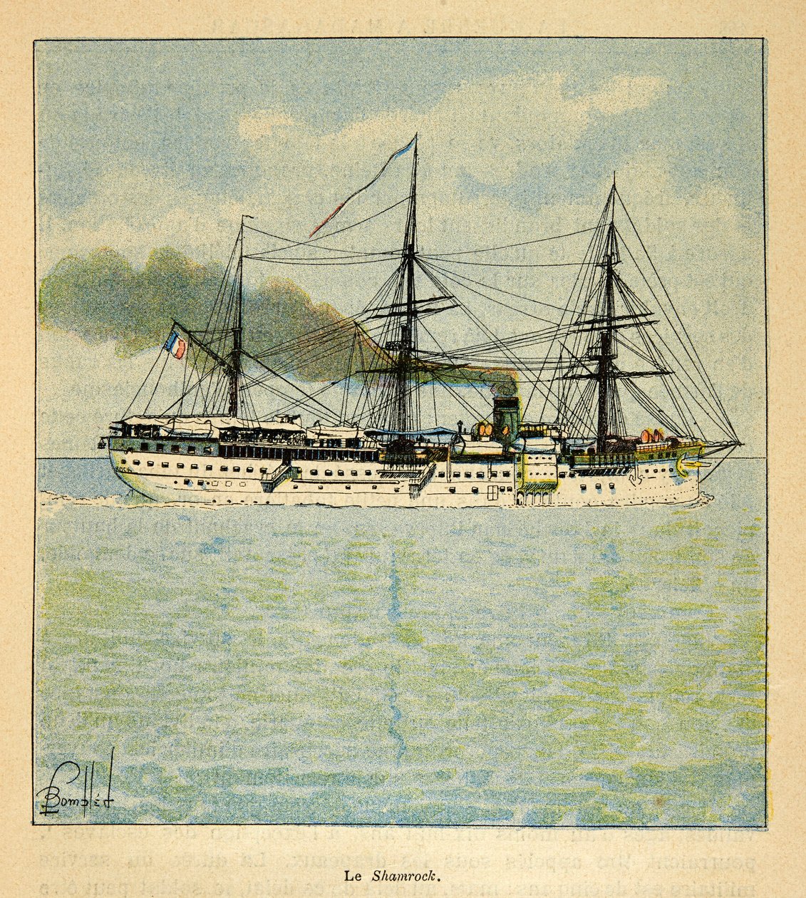 Válka na Madagaskaru – neoficiální historie francouzských expedic v letech 1885-1895 od Henri Galli dit Galllichet (1854-1922), ilustrované Louisem Bombledem (1862-1927): Nemocniční loď „Shamrock“ na cestě na Madagaskar, soukromá sbírka od Louis Charles Bombled