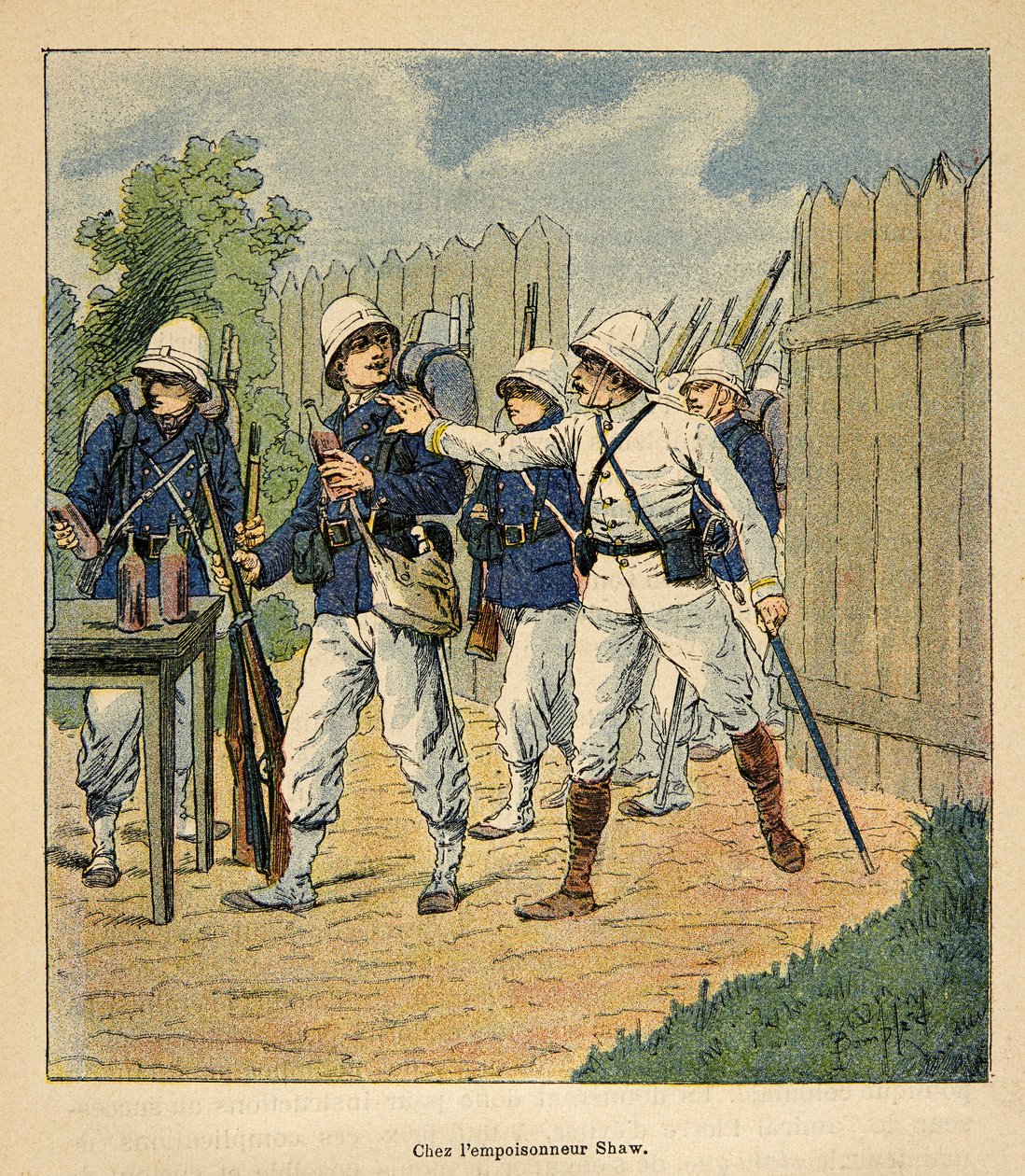 Válka na Madagaskaru – neoficiální historie francouzských expedic 1885-1895 od Henri Galli dit Galllichet (1854-1922), ilustrovaná Louisem Bombledem (1862-1927): Francouzské jednotky u jedu Shaw v roce 1884 (anglický metodistický pastor, který měl vlevo ot od Louis Charles Bombled