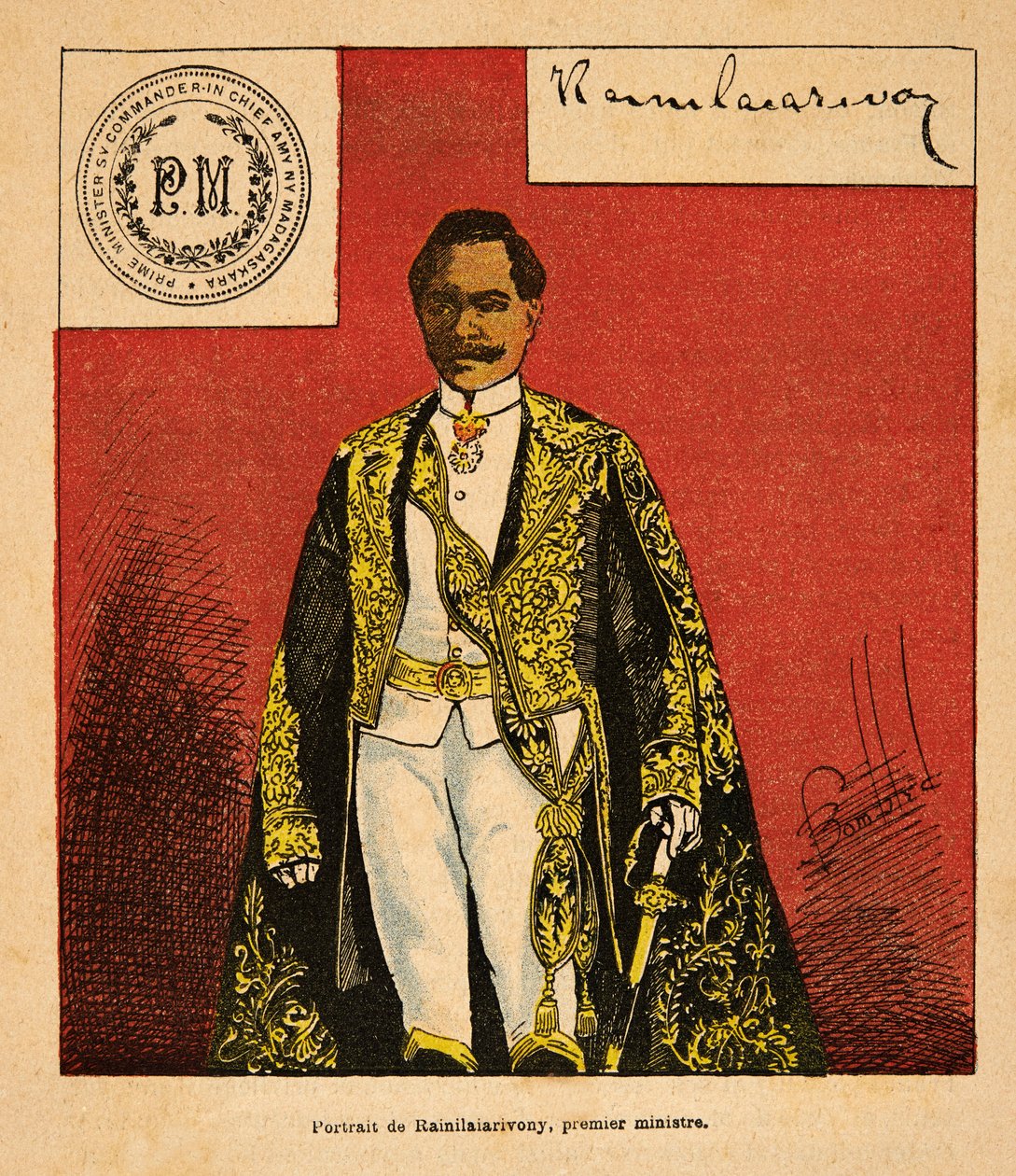 Válka na Madagaskaru-neoficiální historie francouzských expedic 1885-1895 od Henri Galli dit Galllichet (1854-1922), ilustrovaný Louis Bombled (1862-1927): Portrét předsedy vlády Rainilaiarivony (1828-1896), soukromá sbírka od Louis Charles Bombled