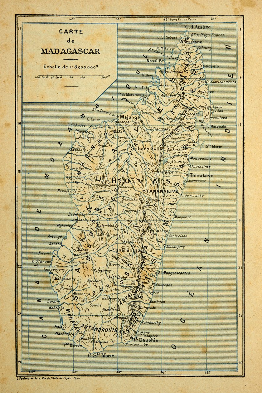 Válka na Madagaskaru - neoficiální historie francouzských expedic 1885-1895 od Henri Galli dit Galllichet (1854-1922), ilustrované Louisem Bombledem (1862-1927): Mapa Madagaskaru, soukromá sbírka od Louis Charles Bombled