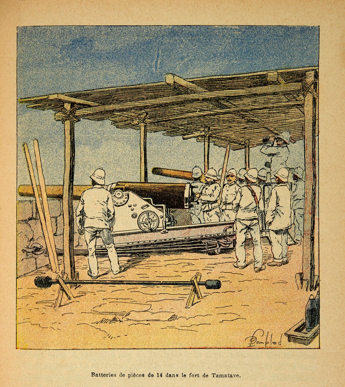 Válka na Madagaskaru - neoficiální historie francouzských expedic 1885-1895 od Henri Galli dit Galllichet (1854-1922), ilustrované Louisem Bombledem (1862-1927): Bubny o 14 kusech v pevnosti Tamatave v roce 1895, soukromá sbírka od Louis Charles Bombled
