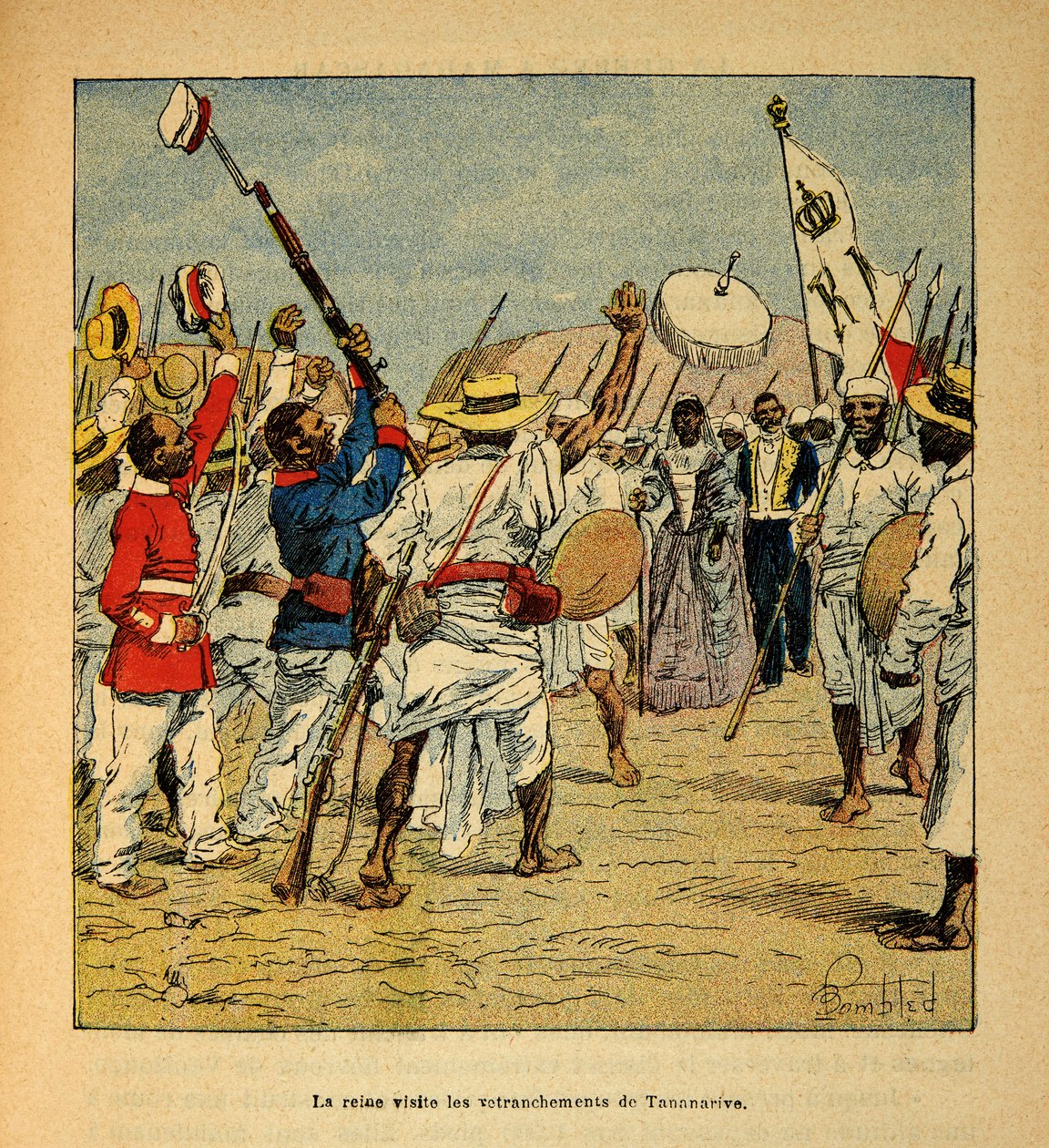 Válka na Madagaskaru – neoficiální historie francouzských expedic 1885-1895 od Henri Galli dit Galllichet (1854-1922), ilustrované Louisem Bombledem (1862-1927): Královna Ranavalona navštěvuje zákopy Tananarive v roce 1895, Soukromá sbírka od Louis Charles Bombled